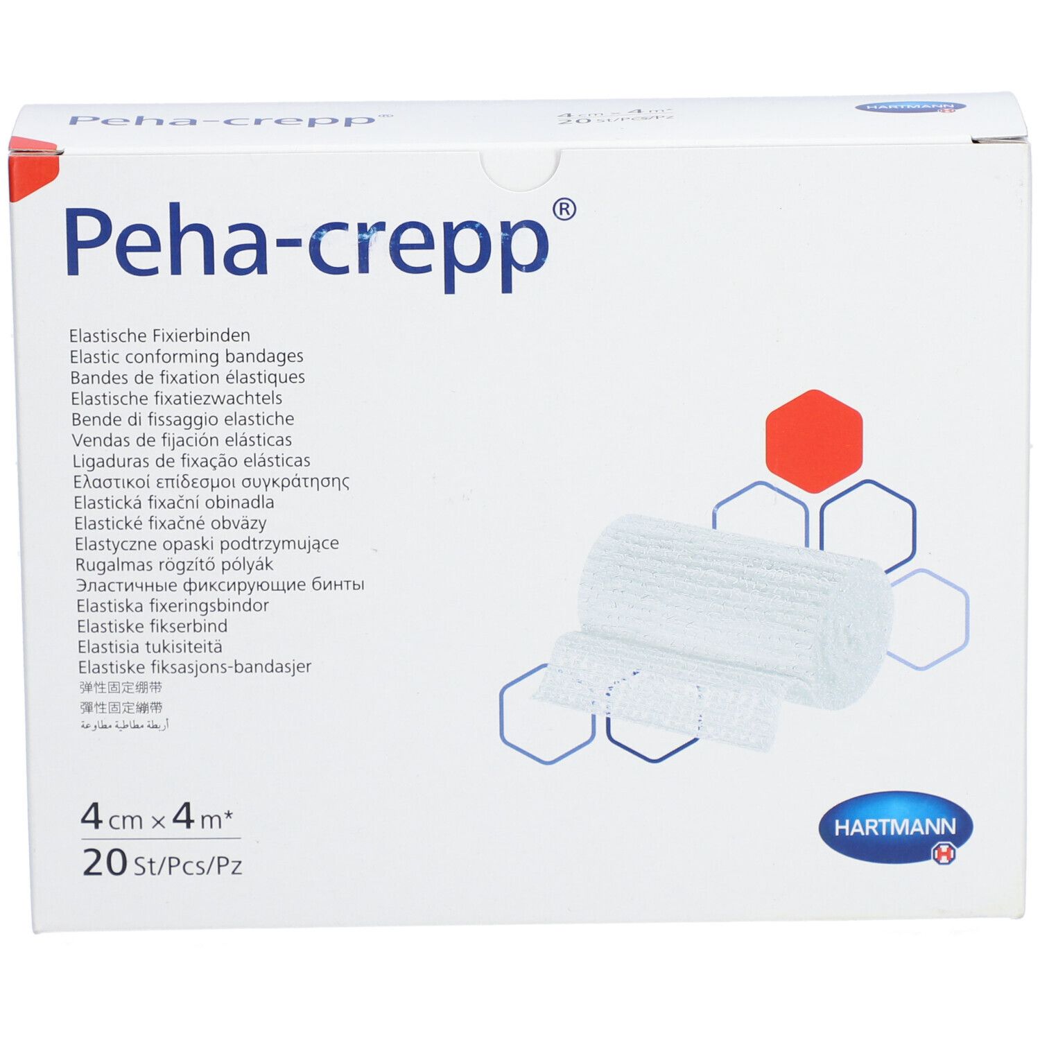 Weiße Verpackung mit Peha-crepp®-Logo und Produktabbildung. Enthält 20 Stück elastische Fixierbinden, 4 cm x 4 m.