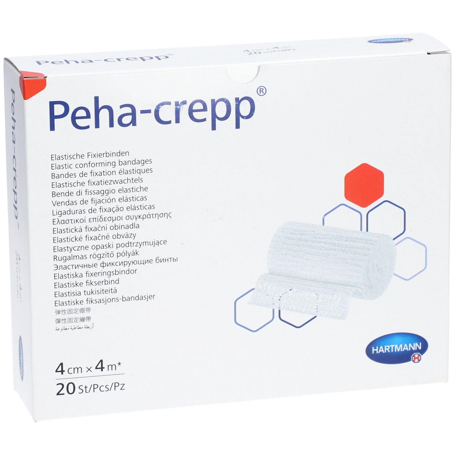 Weiße Verpackung mit Peha-crepp®-Logo und Produktabbildung. Enthält 20 Stück elastische Fixierbinden, 4 cm x 4 m.