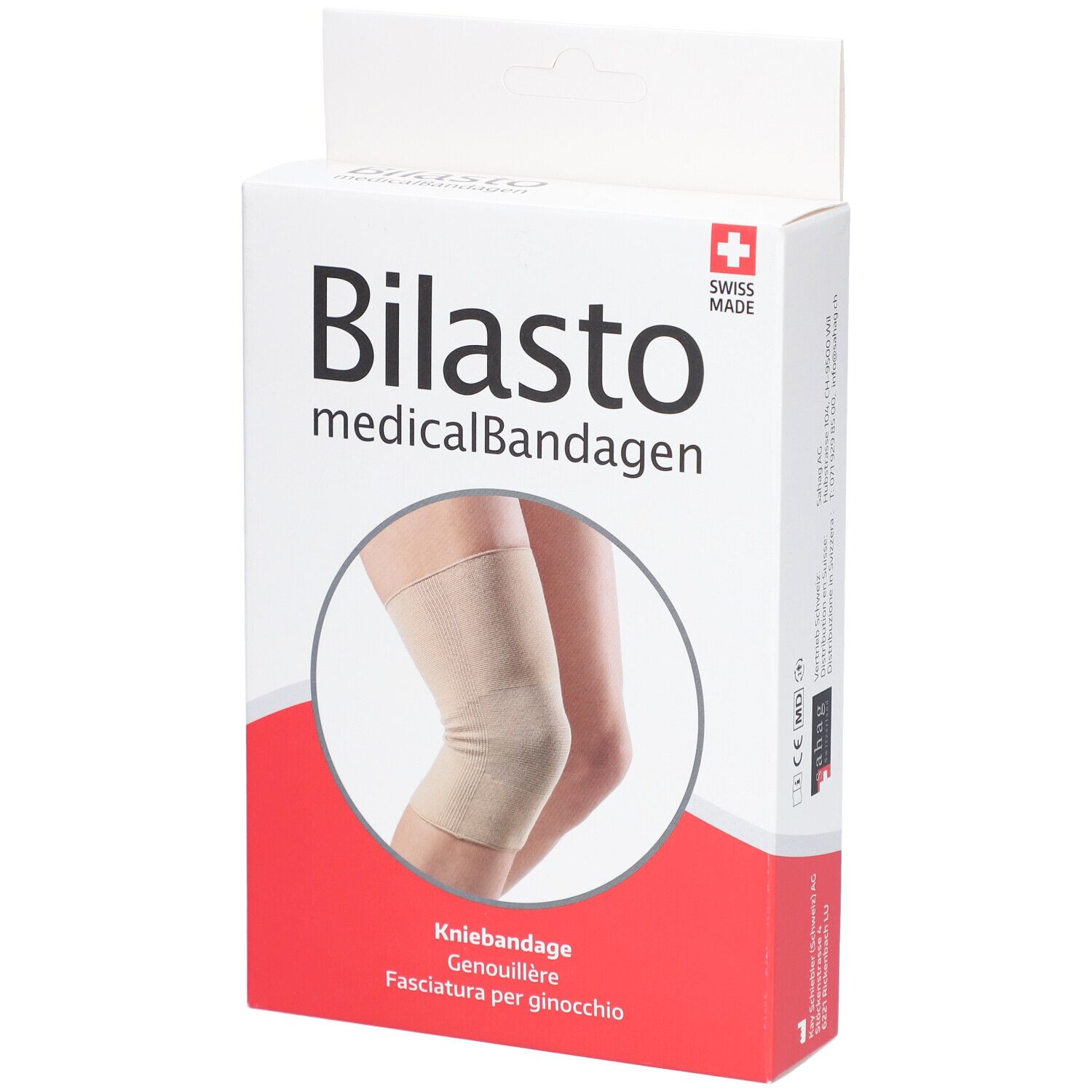 Boîte de genouillère Bilasto. Bandage médical. Genouillère beige sur jambe. Swiss Made.
