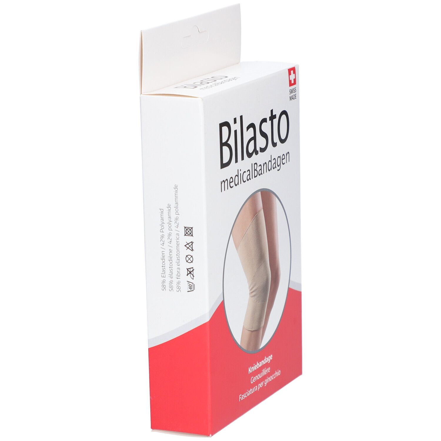 Boîte de genouillère Bilasto. Bandage médical. Vue latérale. Swiss Made. Ingrédients.