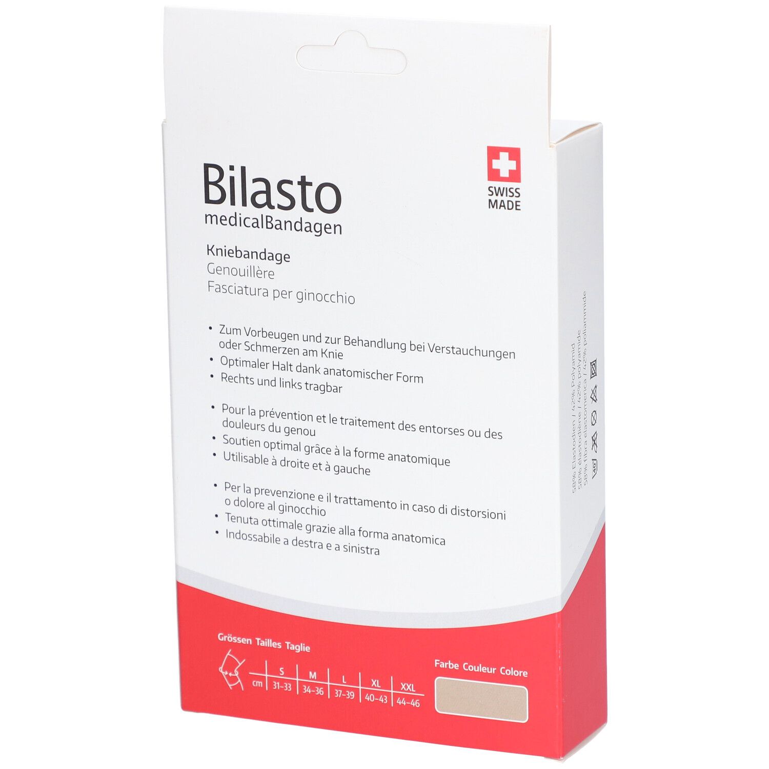 Dos de la boîte. Bilasto, bandage médical. Description en allemand, français, italien.