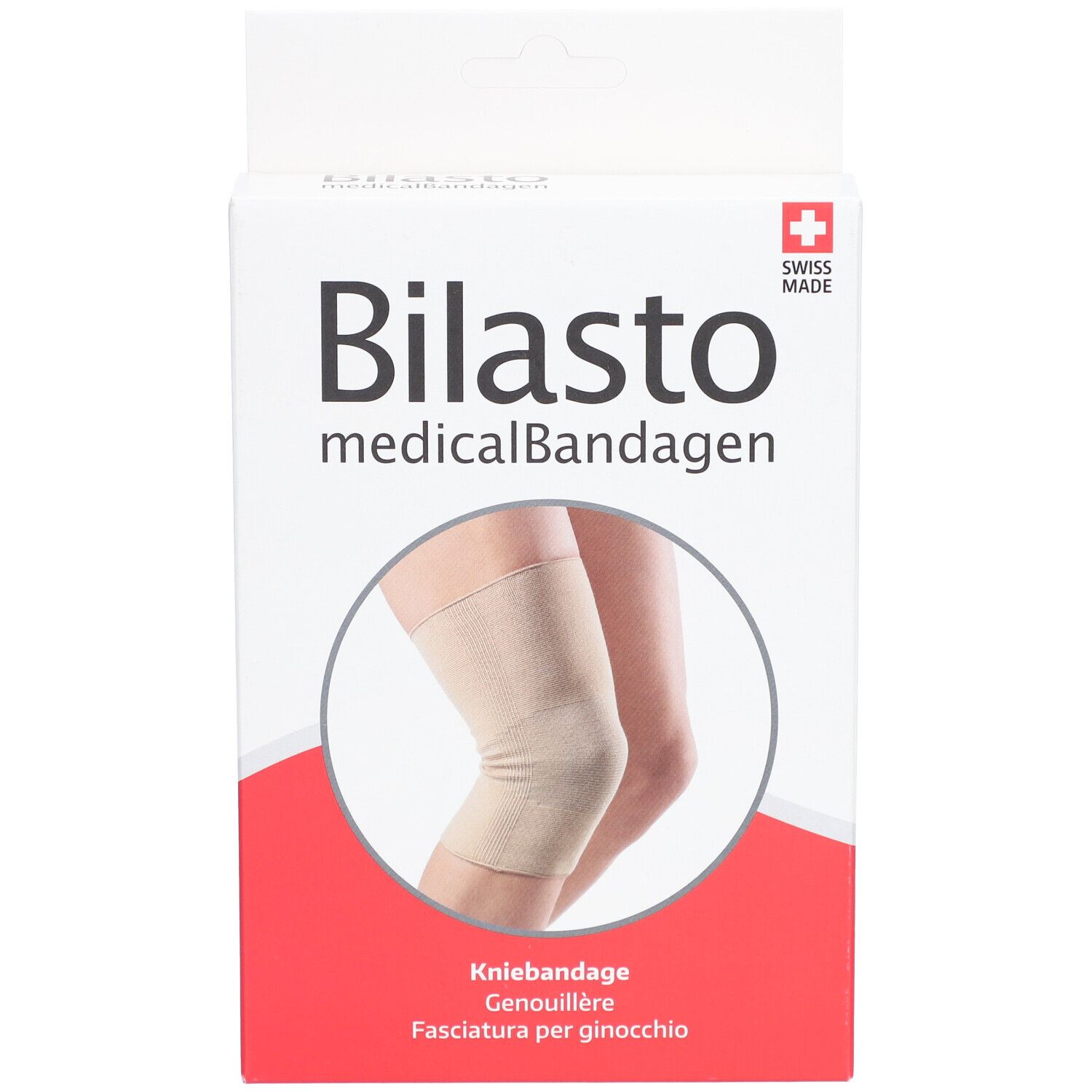 Boîte de genouillère Bilasto. Bandage médical. Genouillère beige sur jambe. Swiss Made.