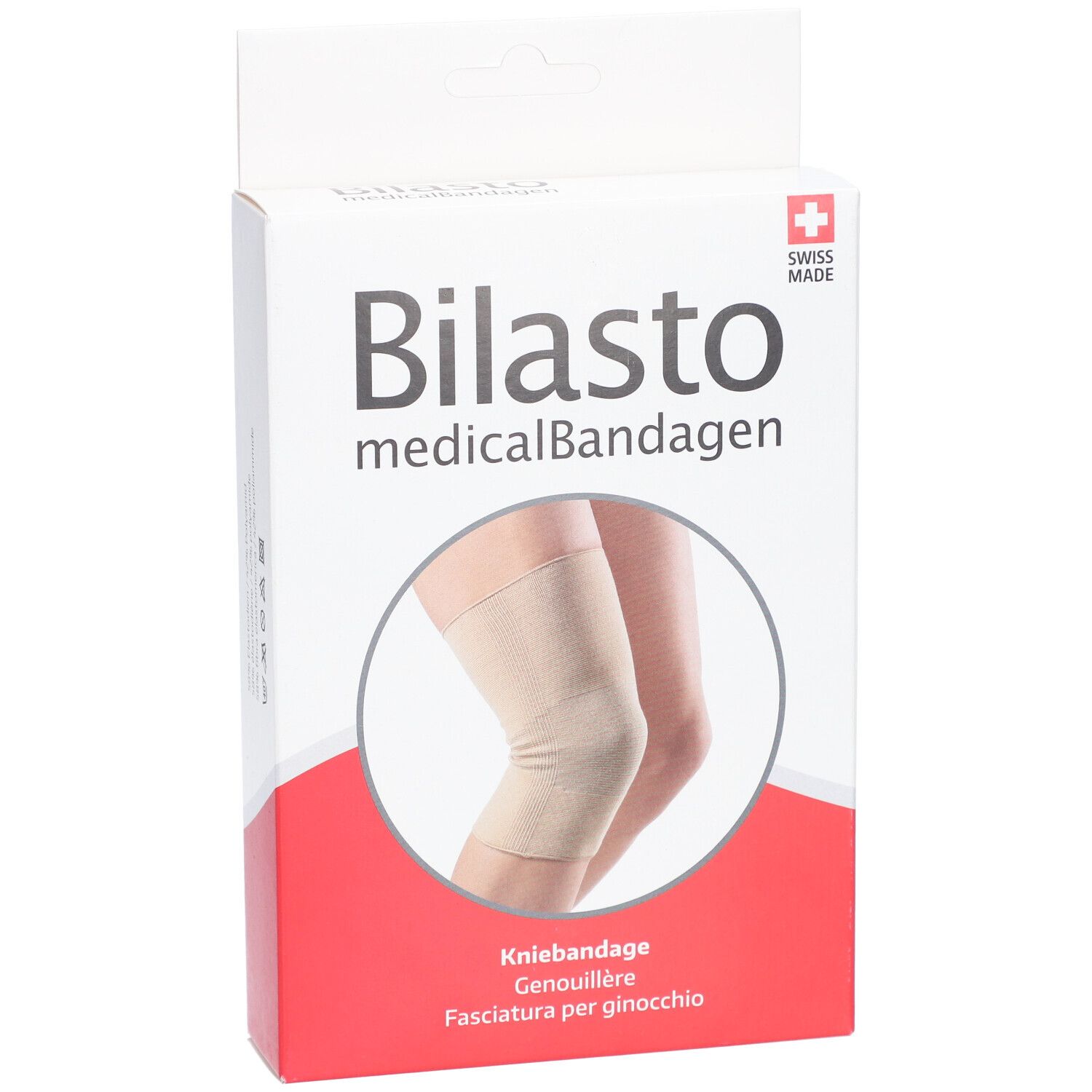 Boîte de genouillère Bilasto. Bandage médical. Genouillère beige sur jambe. Swiss Made.