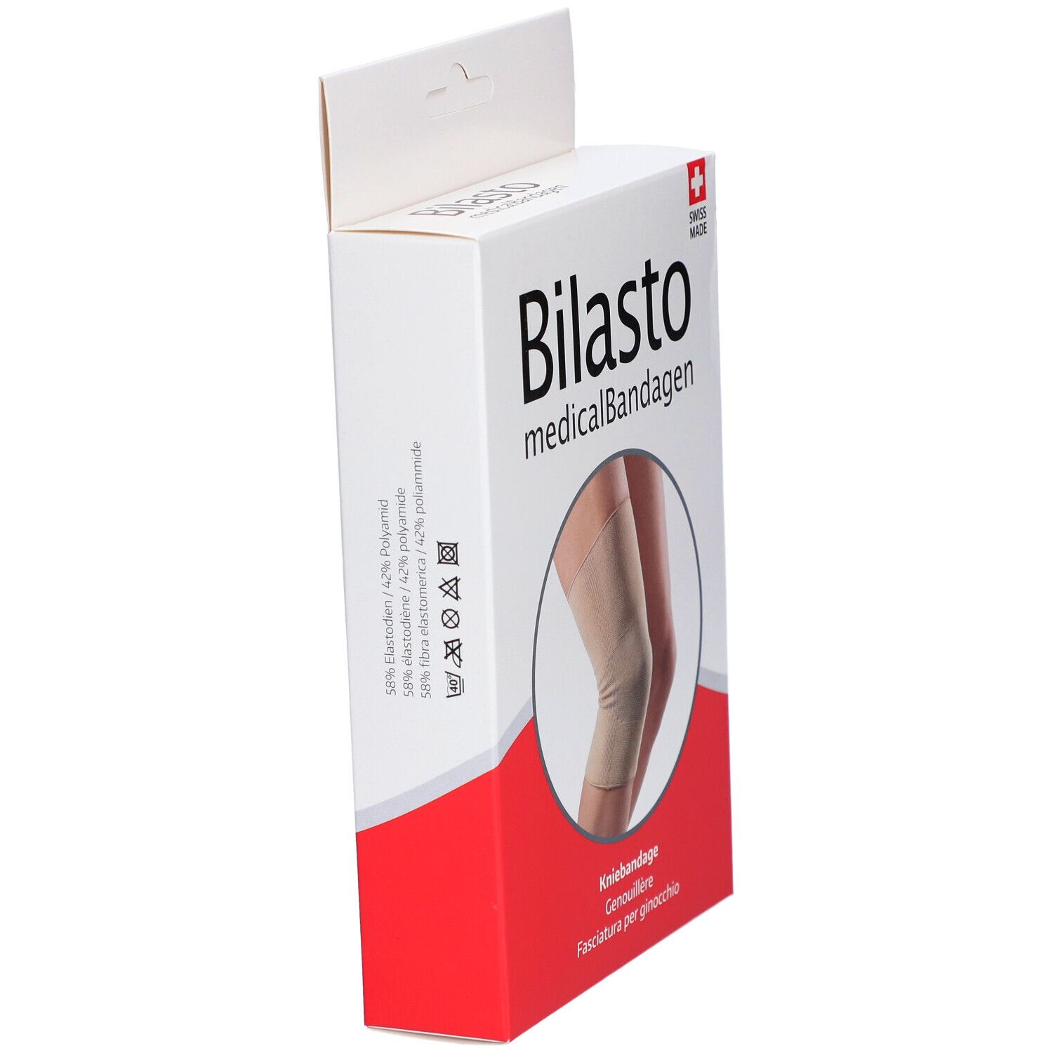 Seitenansicht der Verpackung. Aufdruck: Bilasto medicalBandagen, Kniebandage, Genouillère, Fasciatura per ginocchio. Produktabbildung.