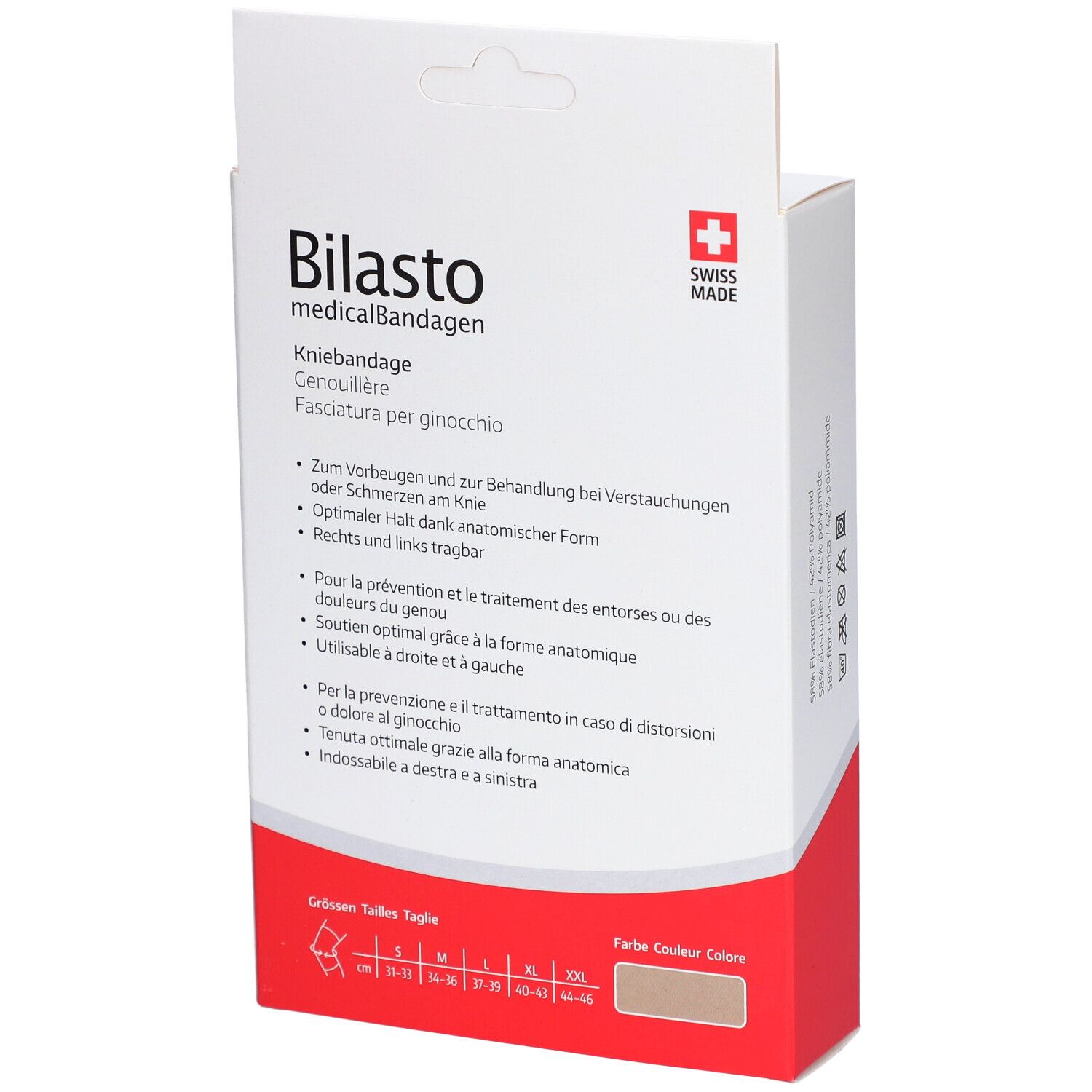 Rückseite der Verpackung. Aufdruck: Bilasto medicalBandagen, Kniebandage, Genouillère, Fasciatura per ginocchio. Text in Deutsch, Französisch und Italienisch.