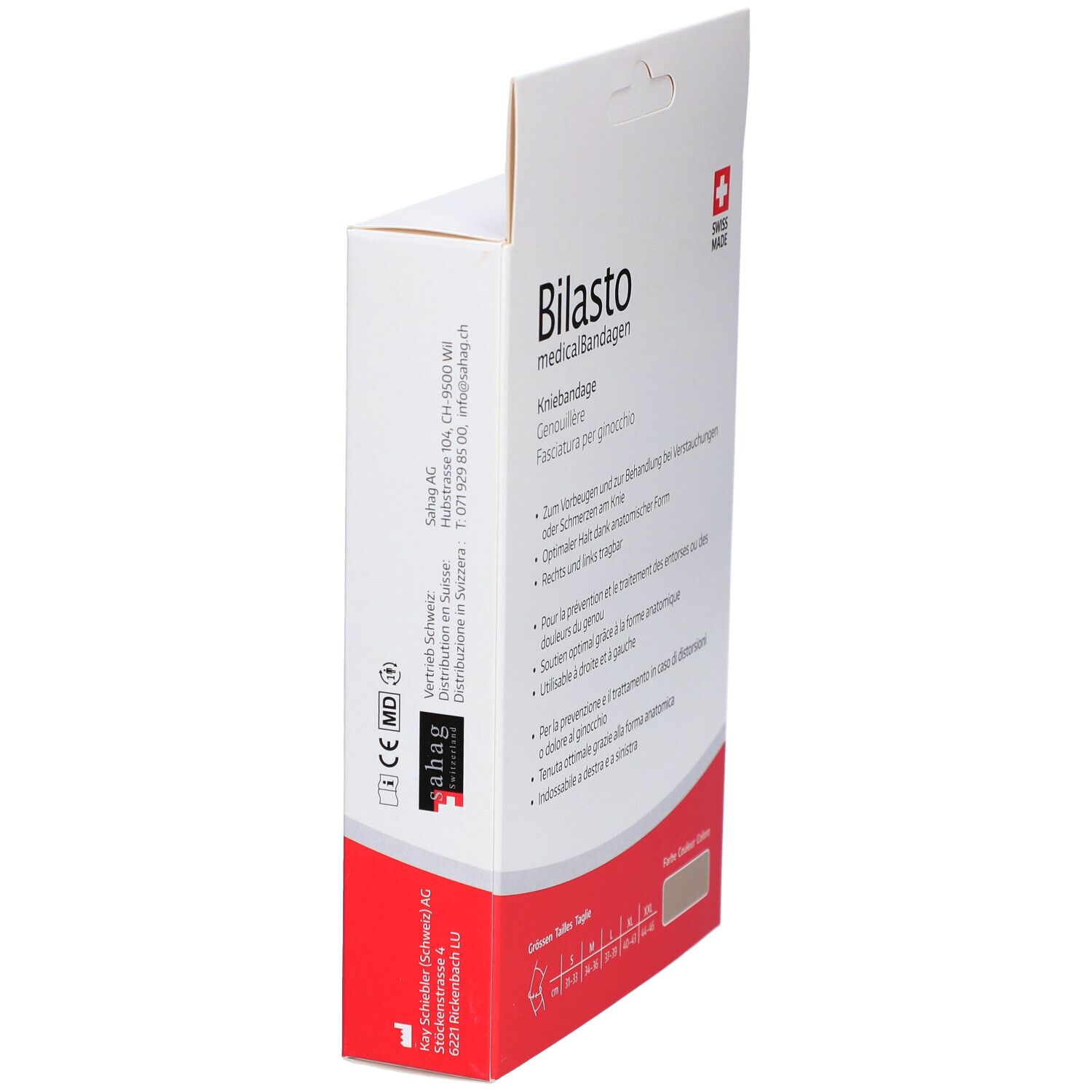 Seitenansicht der Verpackung. Aufdruck: Bilasto medicalBandagen, Kniebandage, Genouillère, Fasciatura per ginocchio. Informationen und Logos.