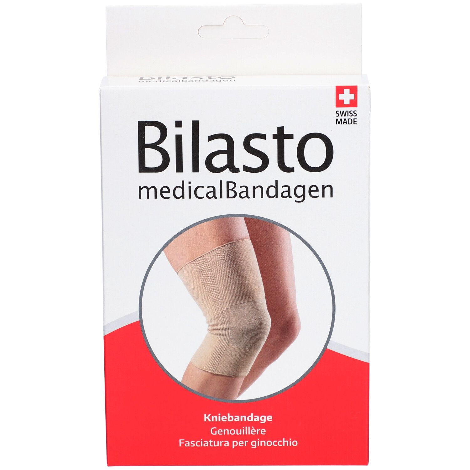 Vorderansicht der Verpackung. Aufdruck: Bilasto medicalBandagen, Kniebandage, Genouillère, Fasciatura per ginocchio. Abbildung: Kniebandage am Bein.