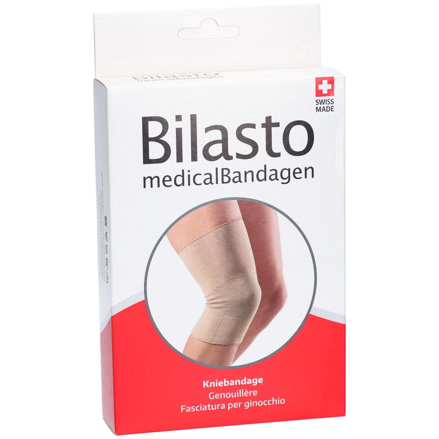 Vorderansicht der Verpackung. Aufdruck: Bilasto medicalBandagen, Kniebandage, Genouillère, Fasciatura per ginocchio. Abbildung: Kniebandage am Bein.