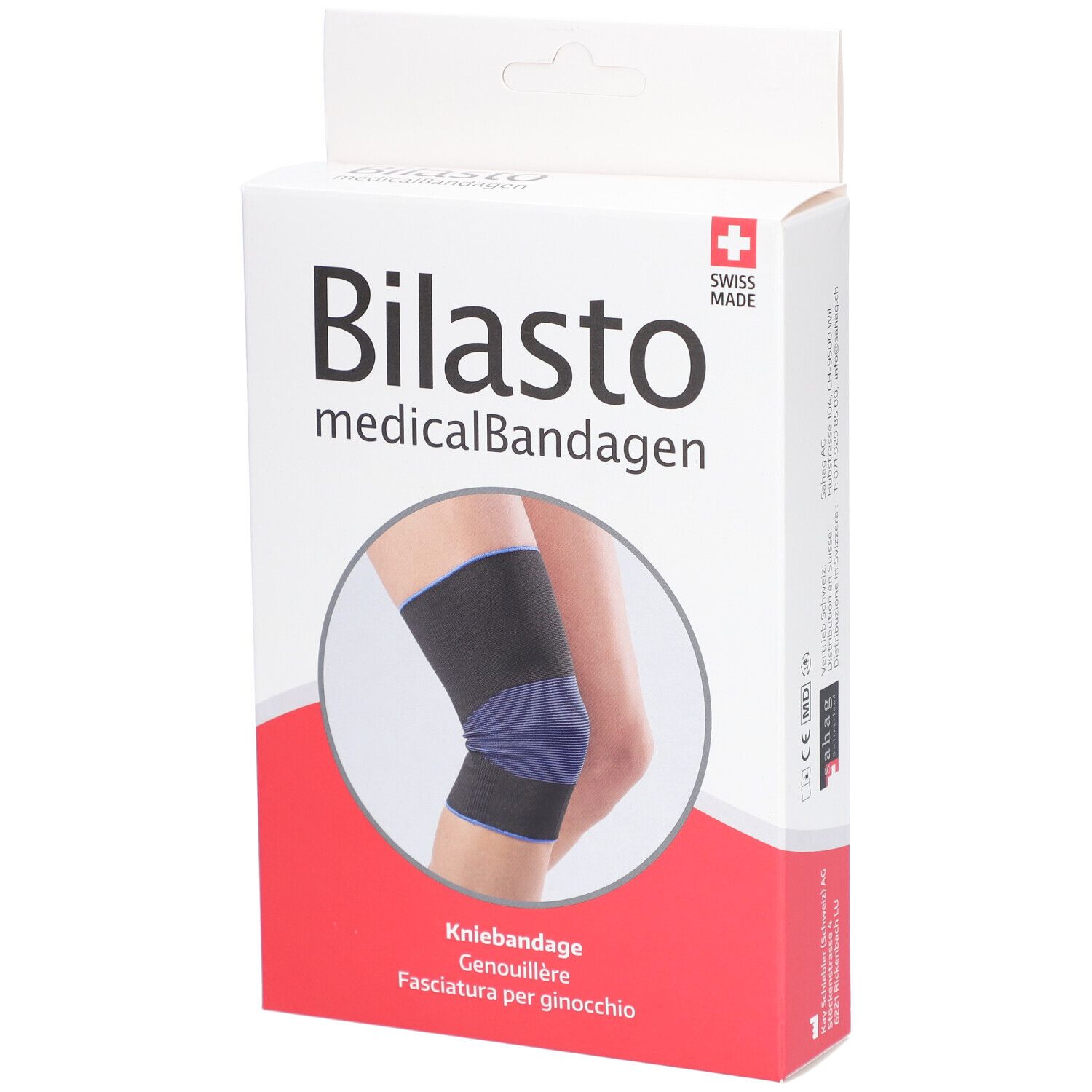Emballage de genouillère. Inscription : Bilasto medicalBandagen, illustration de genouillère, Swiss Made.