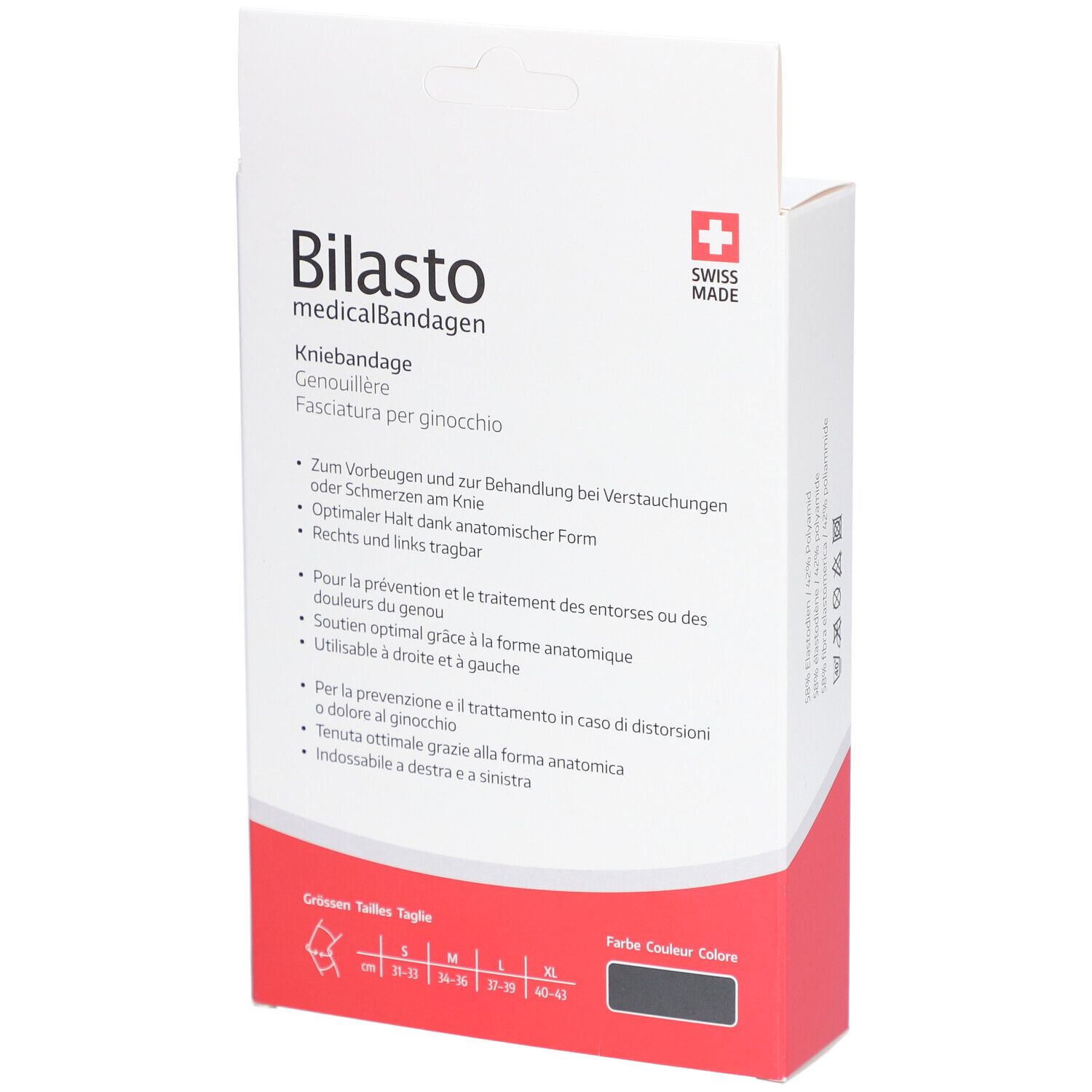 Dos de l'emballage. Inscription : Bilasto medicalBandagen, texte d'utilisation, indications de taille, Swiss Made.