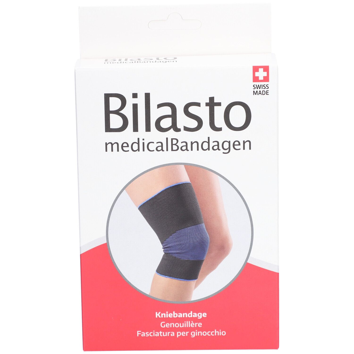 Emballage de genouillère. Inscription : Bilasto medicalBandagen, illustration de genouillère, Swiss Made.