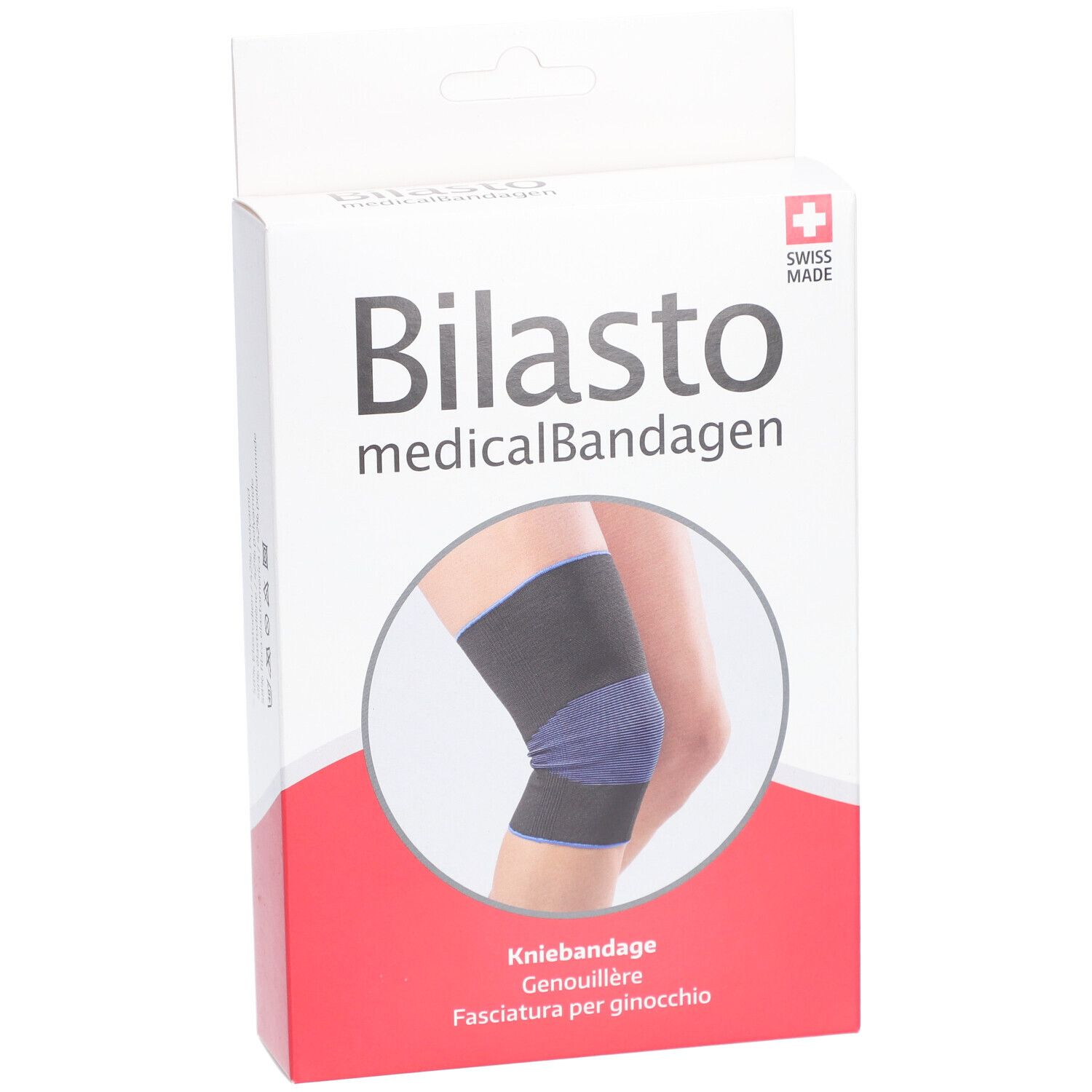 Emballage de genouillère. Inscription : Bilasto medicalBandagen, illustration de genouillère, Swiss Made.