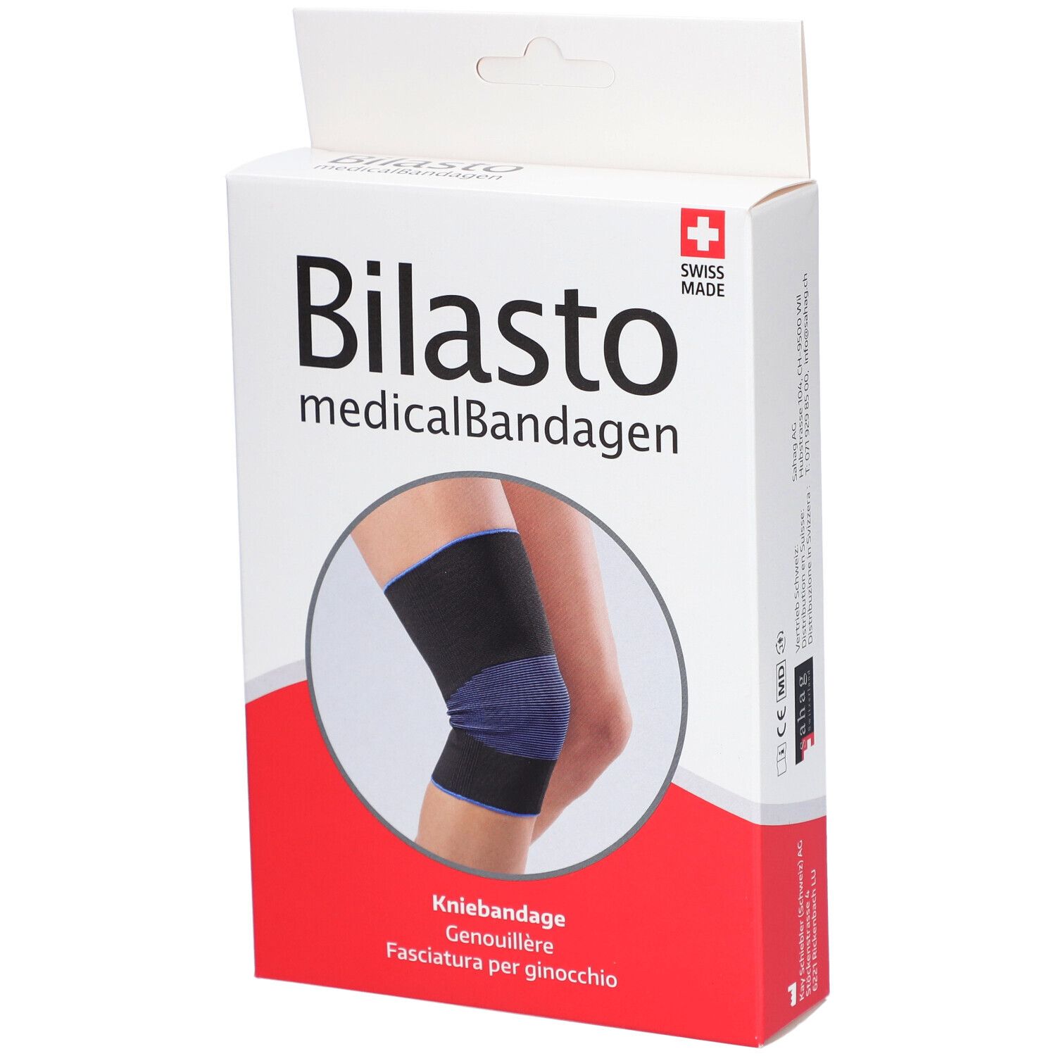 Verpackung der Kniebandage. Marke Bilasto, medizinische Bandagen. Abbildung eines Knies mit Bandage. Schweizer Kreuz.