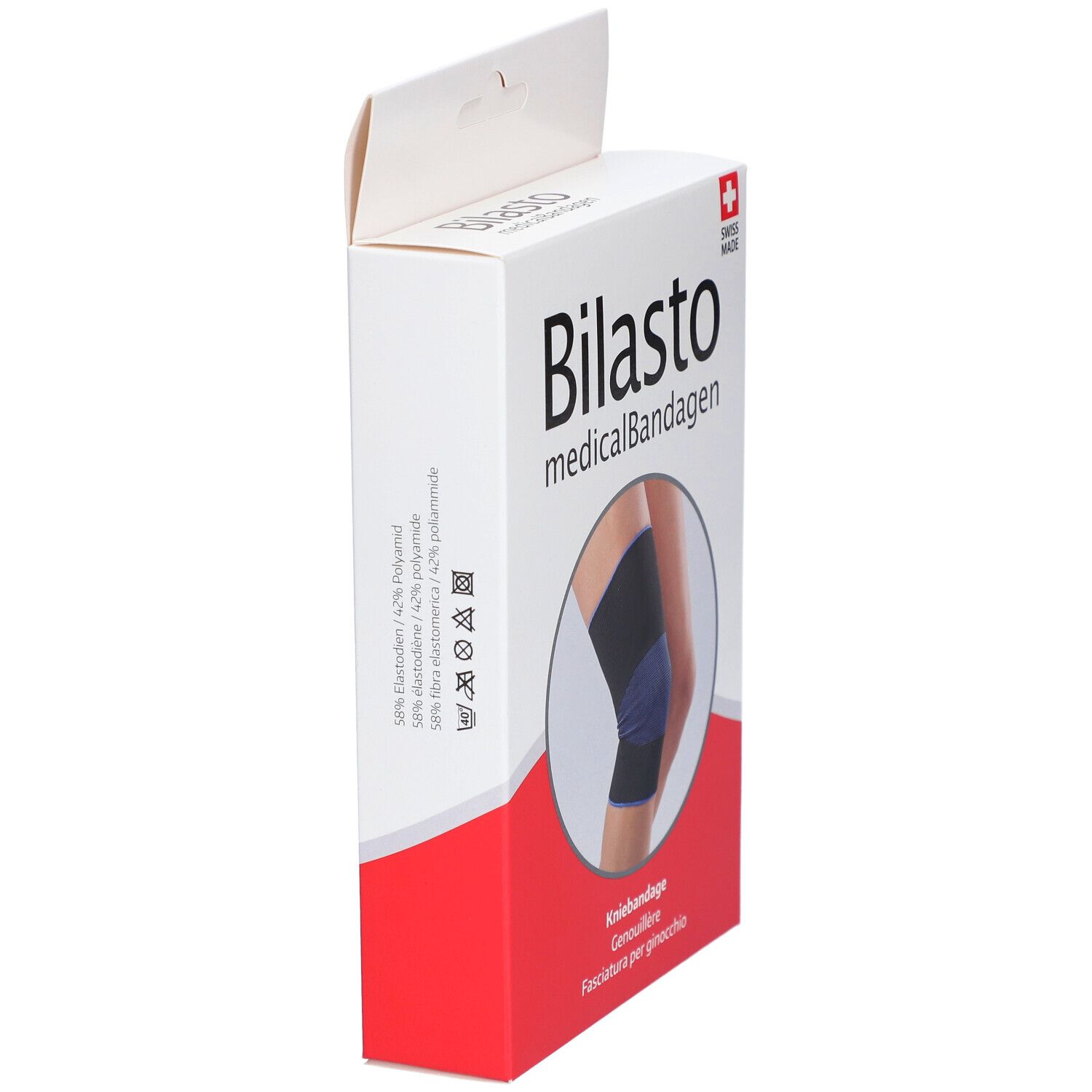 Verpackung der Kniebandage. Marke Bilasto, medizinische Bandagen. Seitenansicht der Verpackung. Schweizer Kreuz.