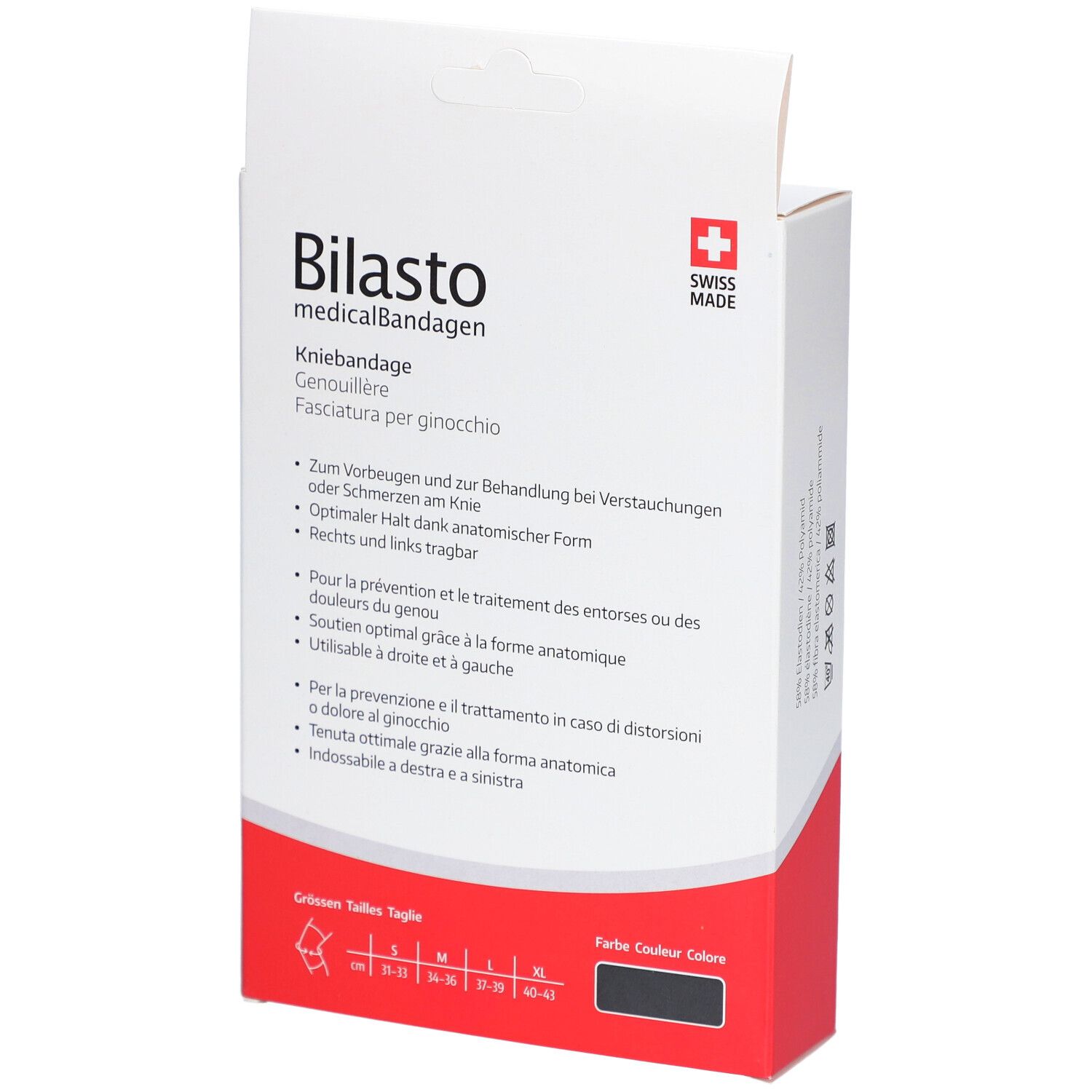 Rückseite der Verpackung der Kniebandage. Marke Bilasto. Informationen zur Anwendung und Größenangaben. Schwarze Farbe.