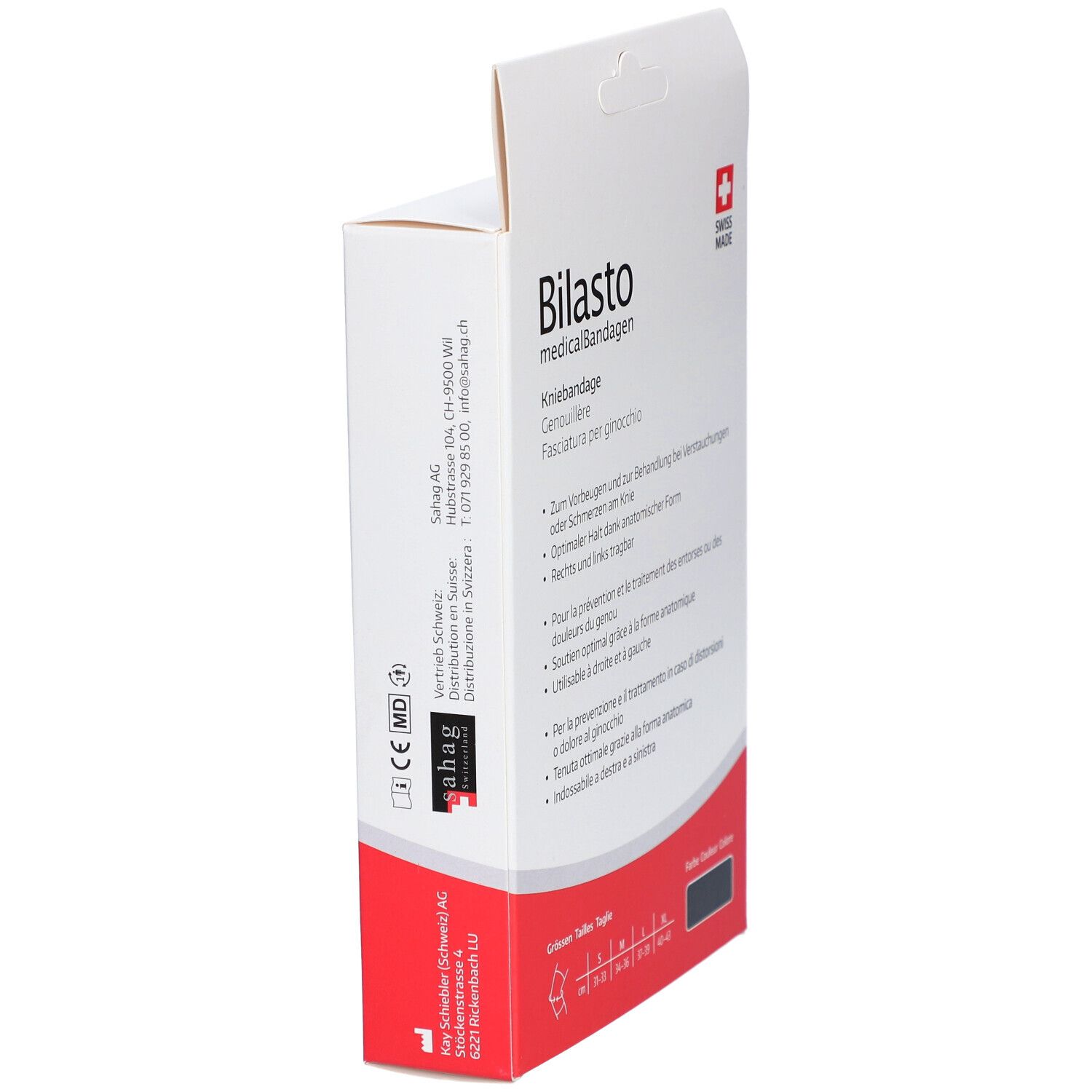 Seitenansicht der Verpackung der Kniebandage. Marke Bilasto. Informationen zum Hersteller. CE-Kennzeichnung.