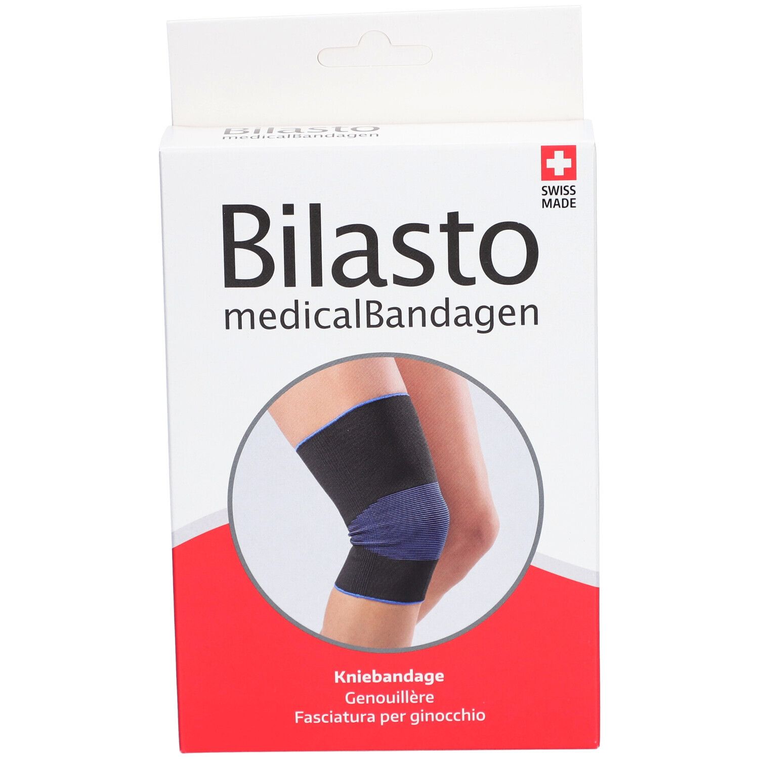 Verpackung der Kniebandage. Marke Bilasto, medizinische Bandagen. Abbildung eines Knies mit Bandage. Schweizer Kreuz.