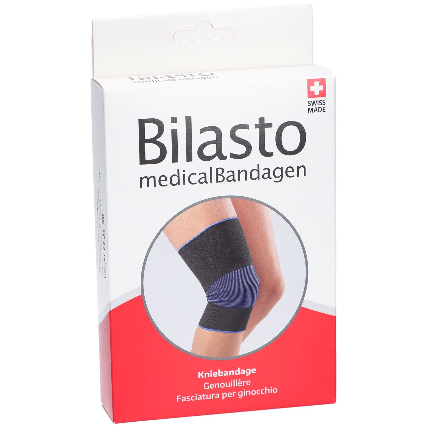Verpackung der Kniebandage. Marke Bilasto, medizinische Bandagen. Abbildung eines Knies mit Bandage. Schweizer Kreuz.
