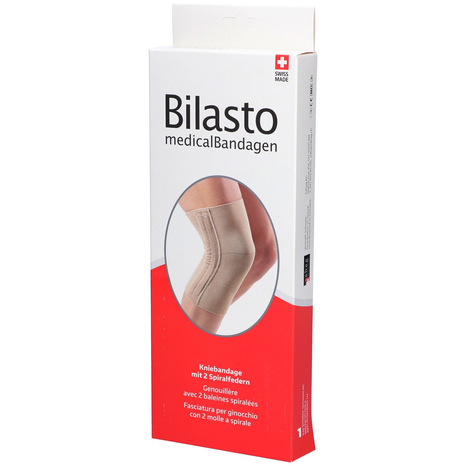 Emballage de genouillère Bilasto. Bandage médical. Genouillère beige représentée. Swiss Made.