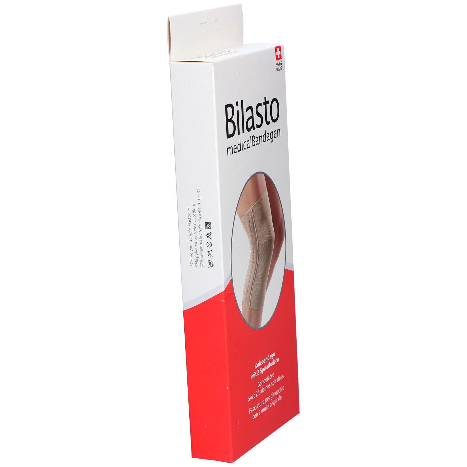 Vue oblique de l'emballage. Marque Bilasto, bandages médicaux. Genouillère beige représentée. Swiss Made.