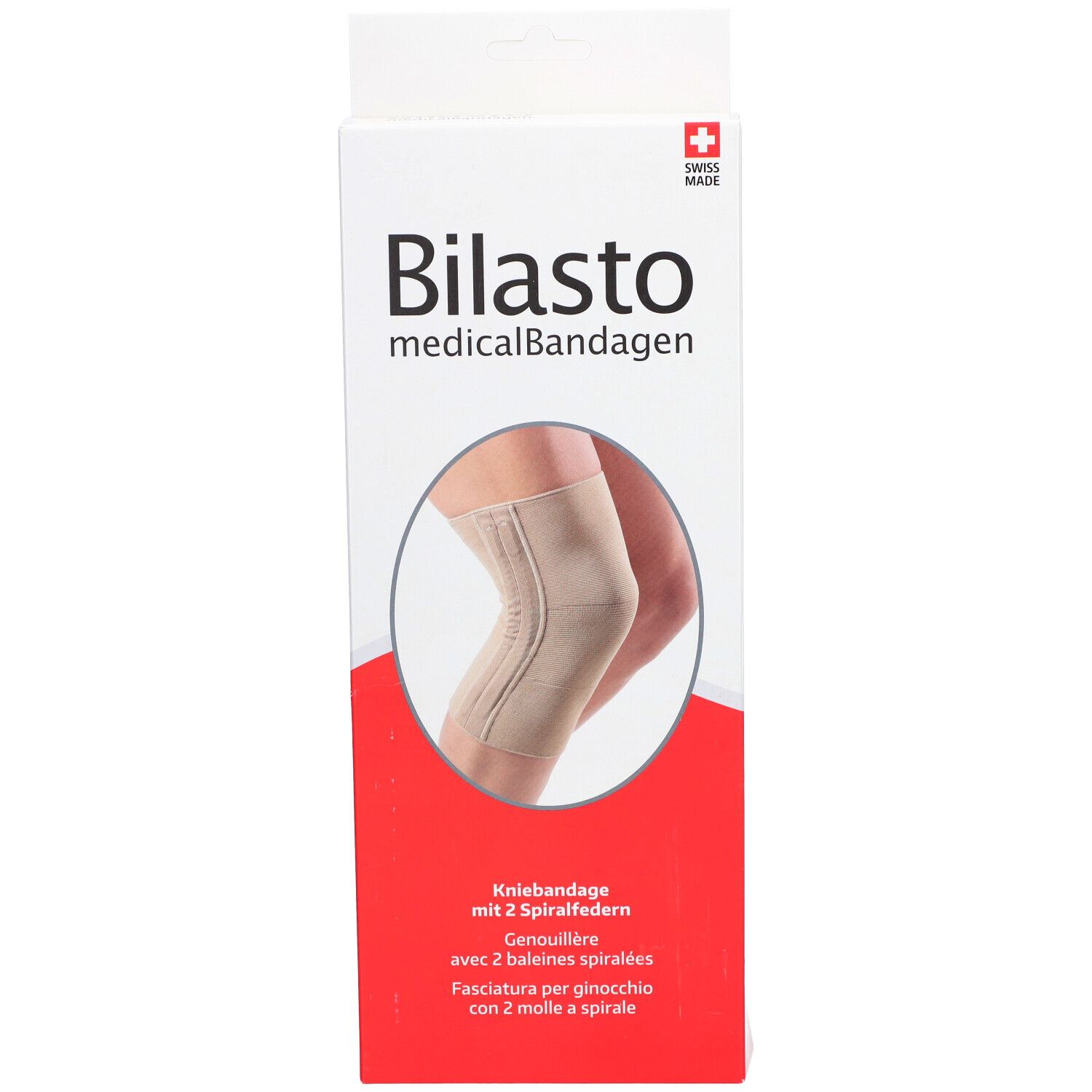 Emballage de genouillère Bilasto. Bandage médical. Genouillère beige représentée. Swiss Made.