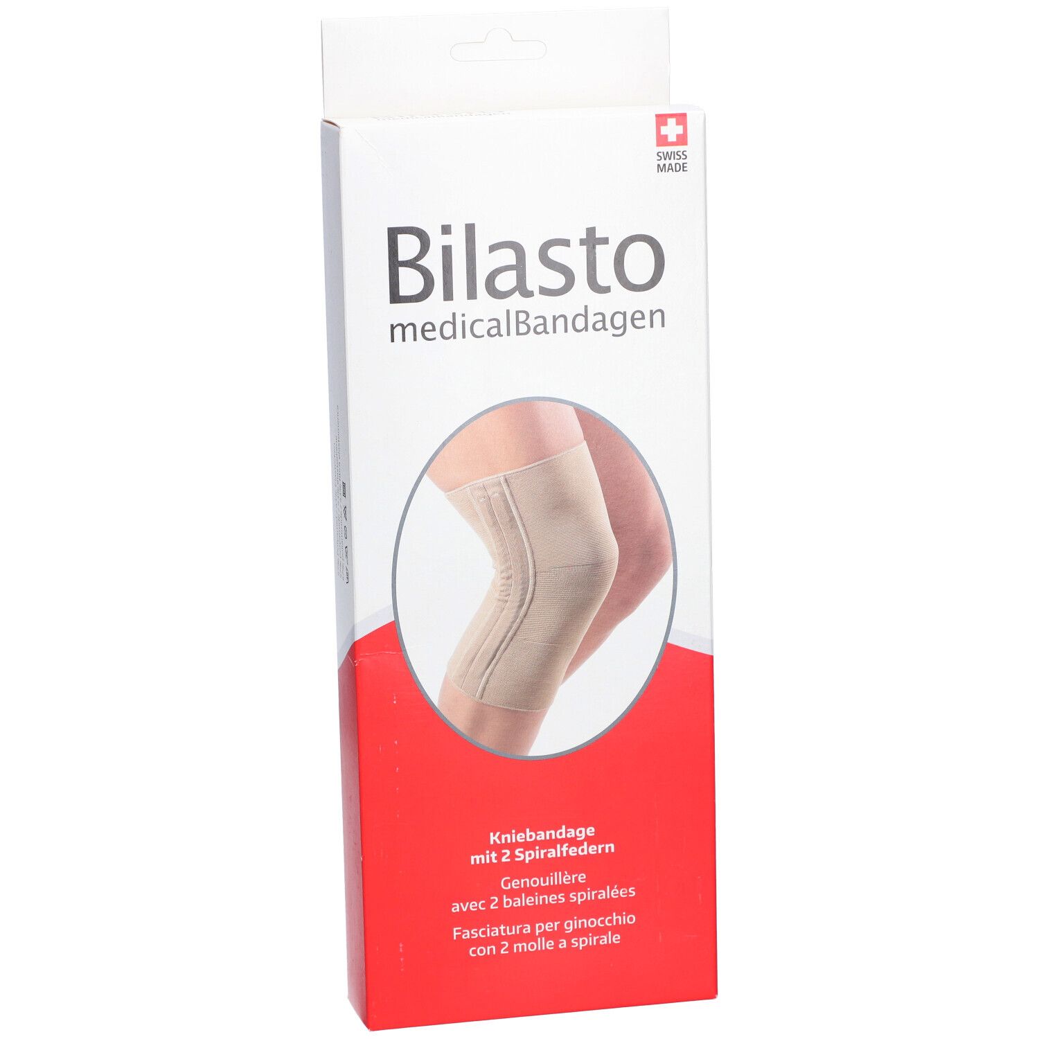 Emballage de genouillère Bilasto. Bandage médical. Genouillère beige représentée. Swiss Made.