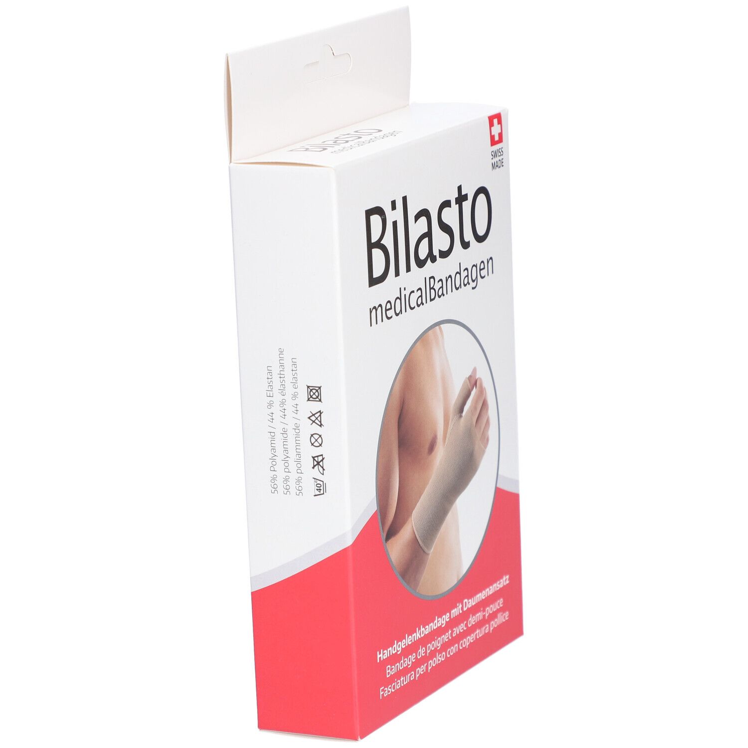 Geöffnete Verpackung der Handgelenkbandage mit Daumenansatz. Marke Bilasto, Swiss Made. Beige Bandage am Handgelenk.