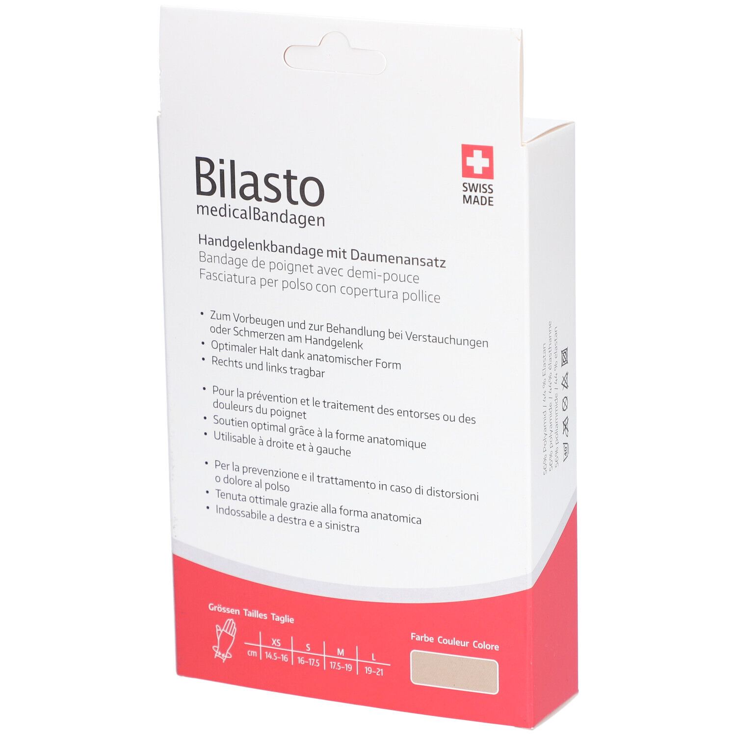 Rückseite der Verpackung. Marke Bilasto. Text in Deutsch, Französisch und Italienisch. Swiss Made. Beige Farbton.