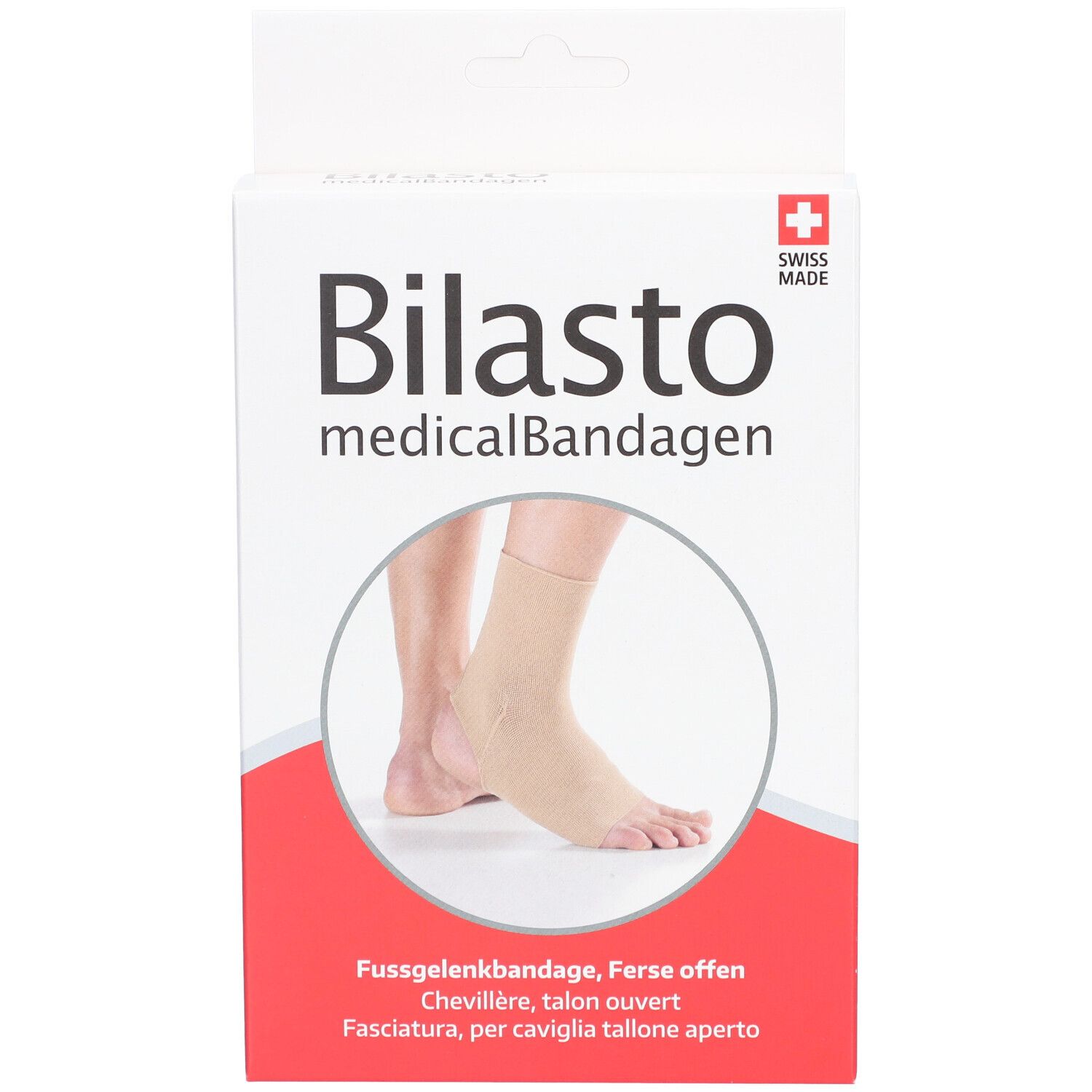 Boîte de bandage de cheville. Bandage beige sur un pied. Texte : Bilasto medicalBandagen, Swiss Made.