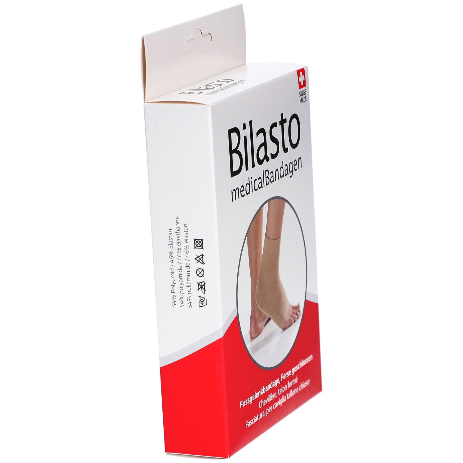 Boîte ouverte de bandage Bilasto. Bandage beige. Texte: medicalBandagen, Swiss Made. Composition.