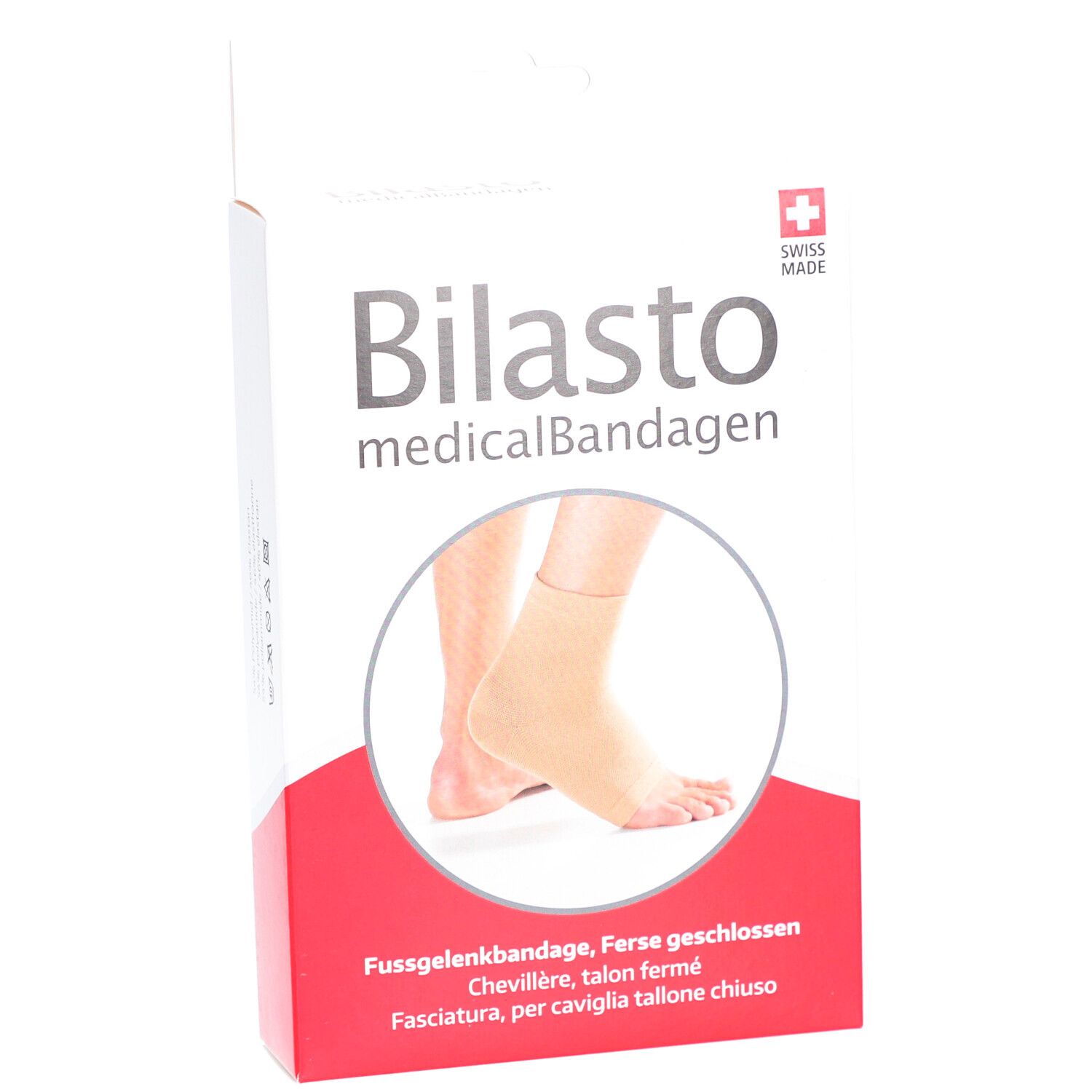 Boîte de bandage Bilasto. Bandage sur pied. Texte: medicalBandagen, Swiss Made.