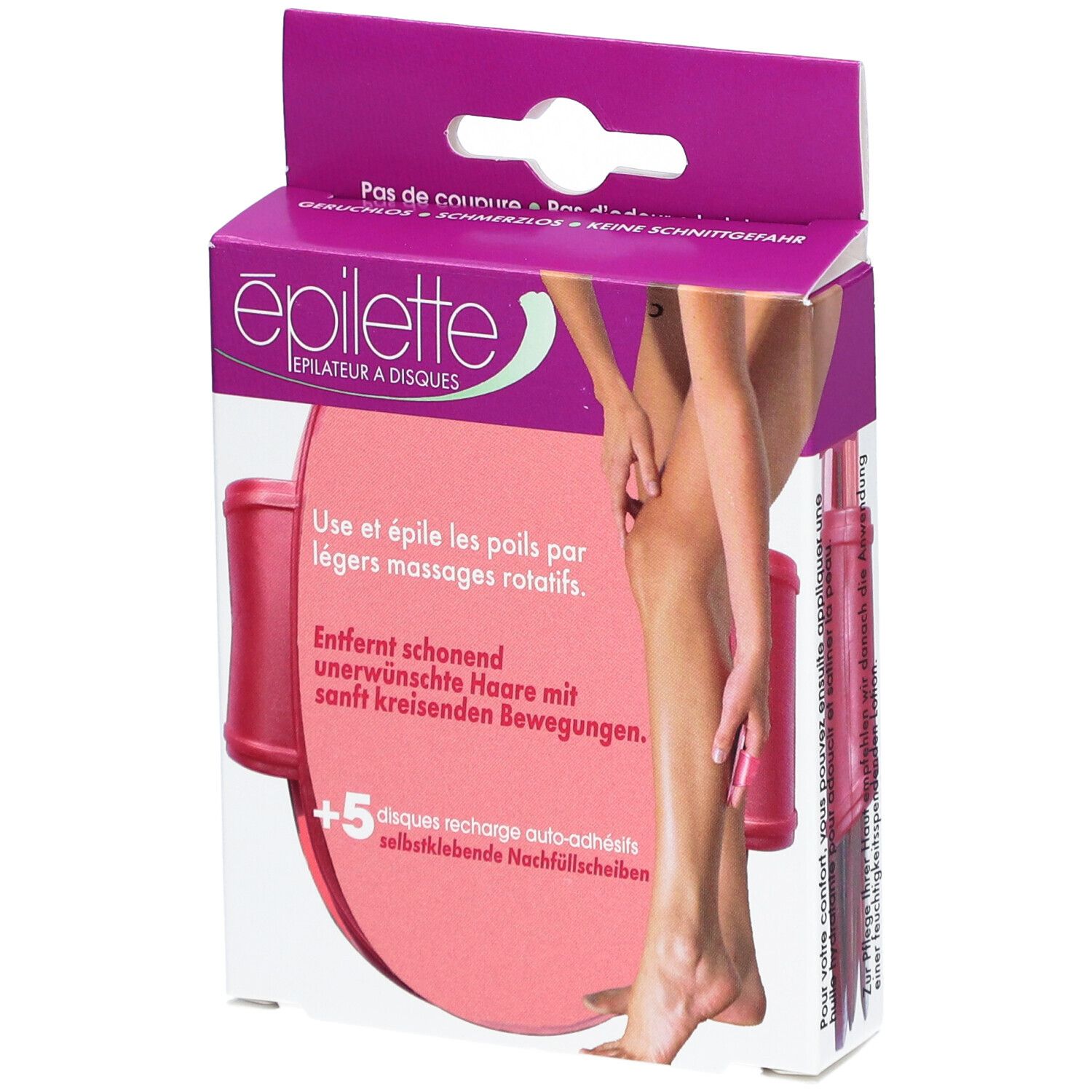 Boîte EPILETTE Épilateur à disques. Produit rose avec illustration de jambe. Texte : +5 disques recharge auto-adhésifs.
