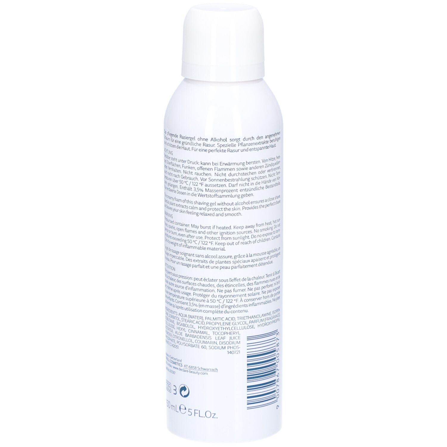 Rückseite des weißen Rasiergel-Fläschchens. Text in mehreren Sprachen. Barcode und Mengenangabe: 150 ml.