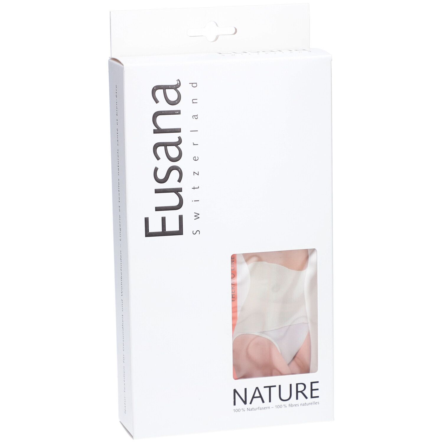 Emballage blanc avec fenêtre. Logo Eusana. Image du produit dans la fenêtre. Inscription NATURE.