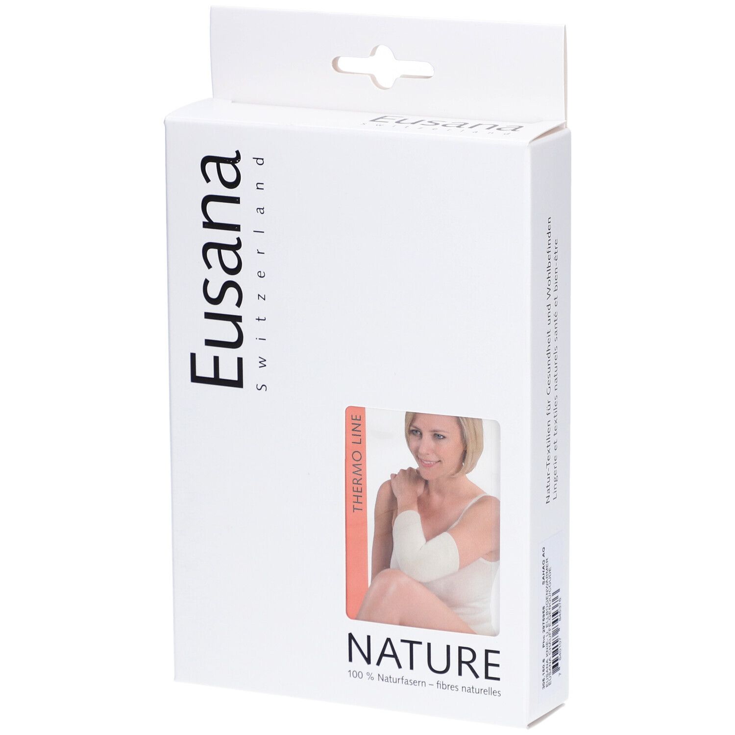 Weiße Produktverpackung mit Produktabbildung. Marke Eusana, Schriftzug Nature, Thermo Line. 100% Naturfasern.