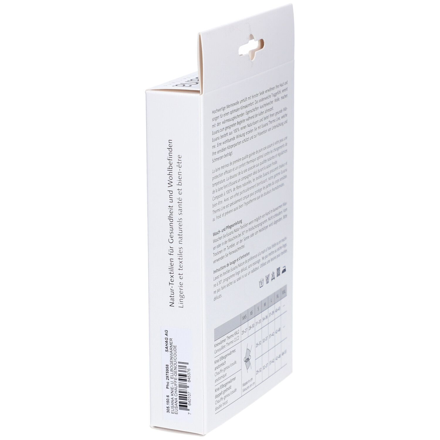 Produktverpackung, Seitenansicht. Text: Natur-Textilien für Gesundheit und Wohlbefinden. Barcode.