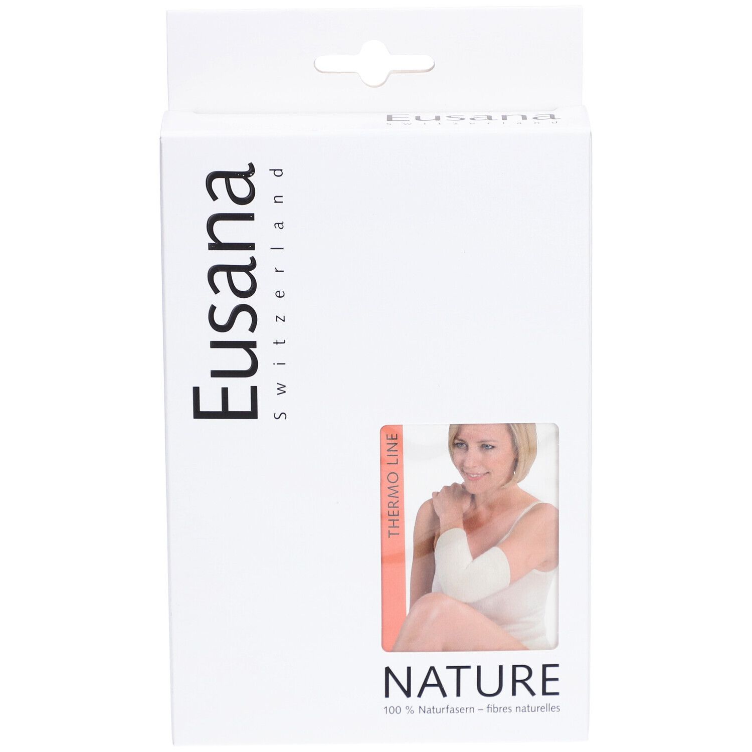 Weiße Produktverpackung mit Produktabbildung. Marke Eusana, Schriftzug Nature, Thermo Line. 100% Naturfasern.