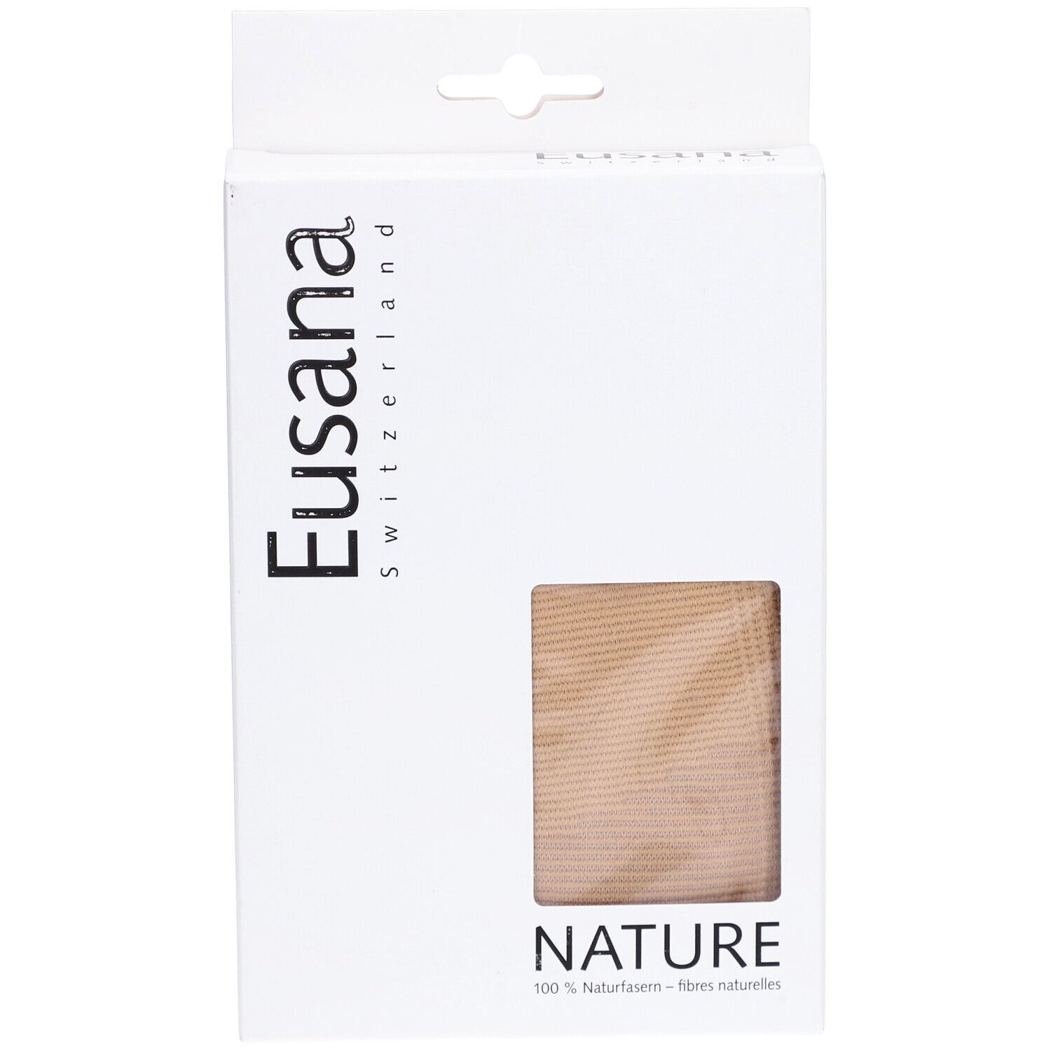 Verpackung mit Sichtfenster. Marke Eusana, Schriftzug NATURE, 100% Naturfasern. Beige Produkt sichtbar.