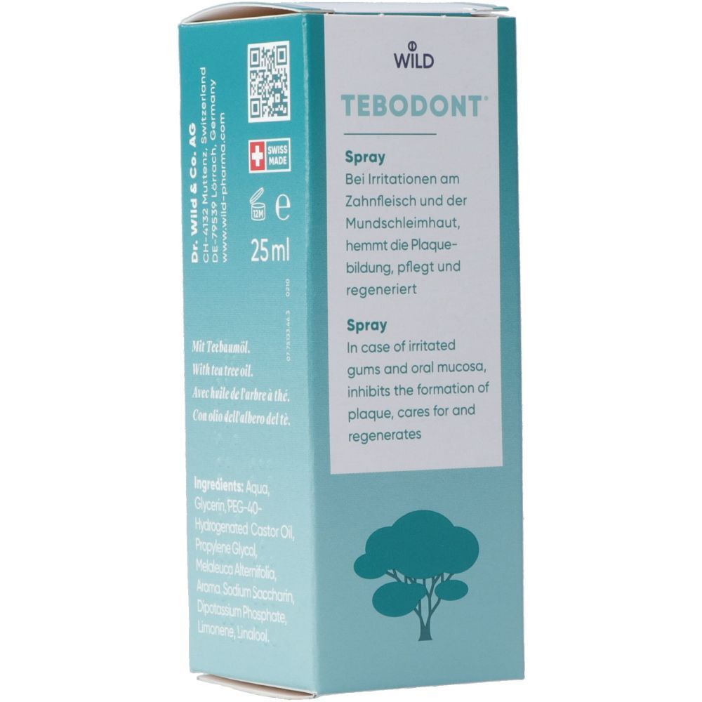 Karton mit Produktinformationen. Aufschrift: TEBODONT Spray. Enthält 25ml. Mit Swiss Made Logo.