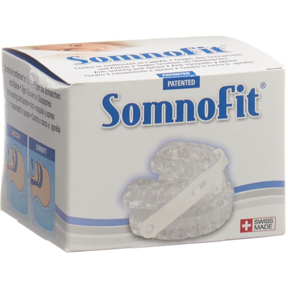 SOMNOFIT-Box. Kieferorthese sichtbar. Weißer Karton mit Produktname und Schweizer Kreuz. Patentiert.