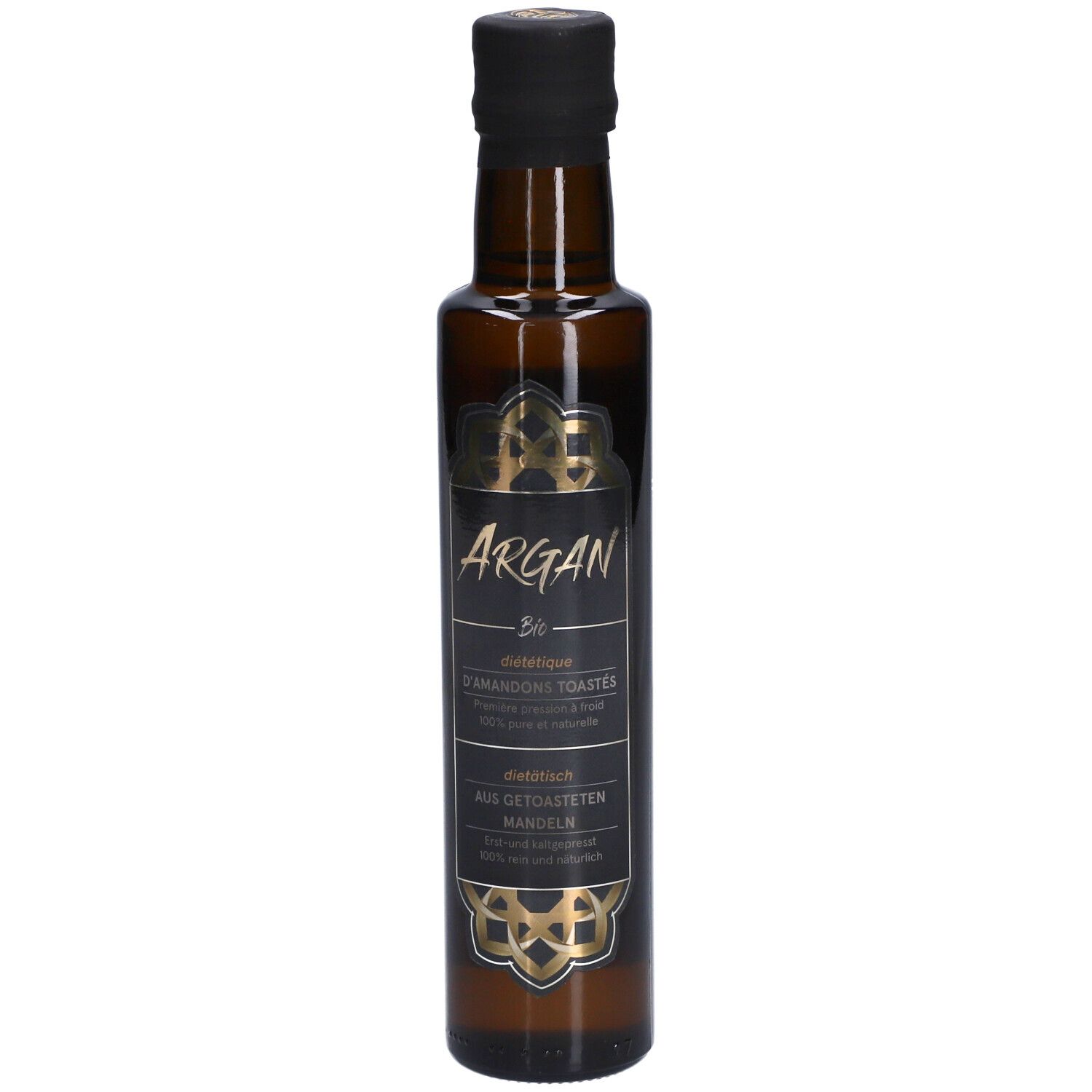 Braune Glasflasche mit schwarzem Deckel und Etikett. Aufschrift: Argan, Bio, geröstete Mandeln.