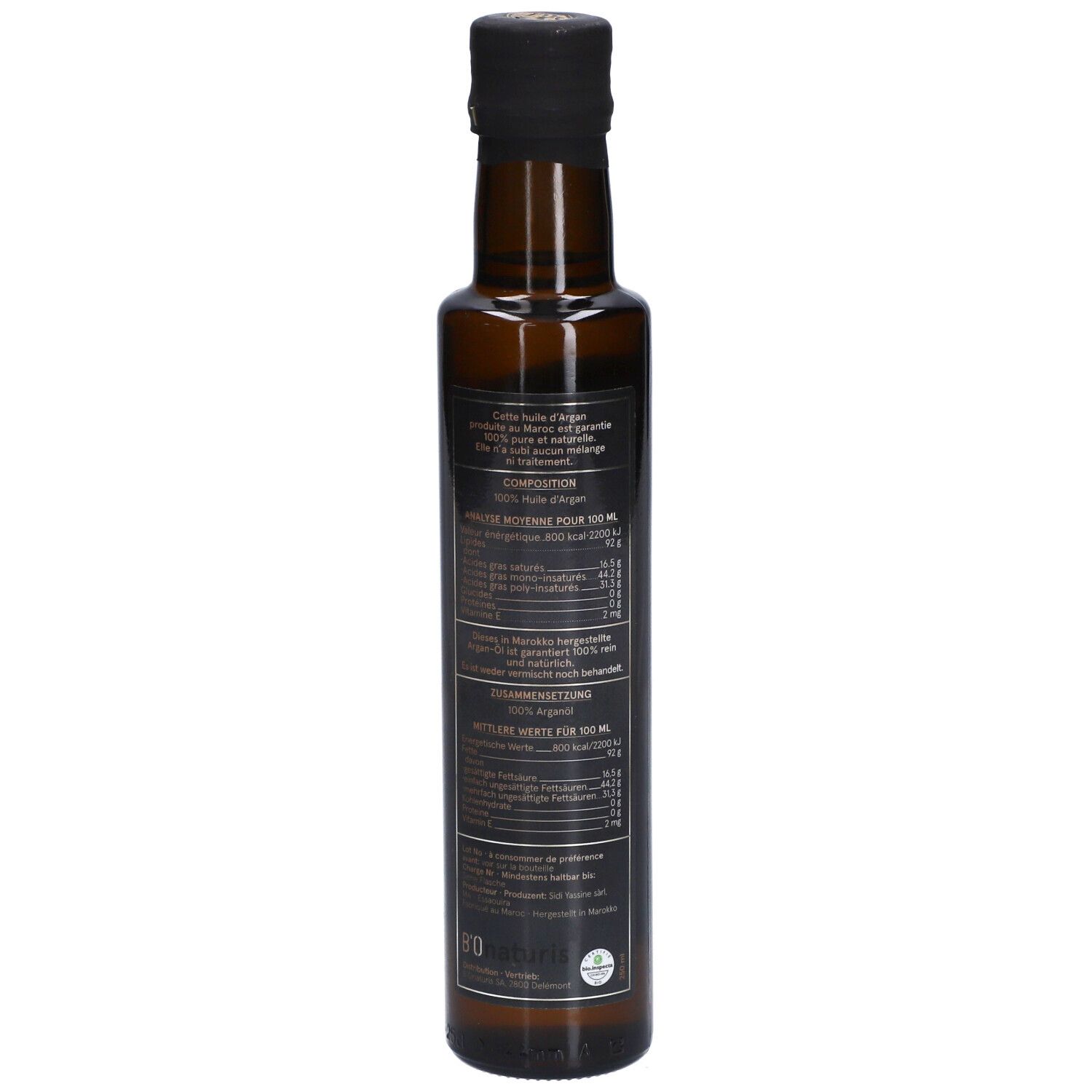 Braune Glasflasche mit schwarzem Deckel. Rückseite mit Text. Nährwertangaben und Inhaltsstoffe.