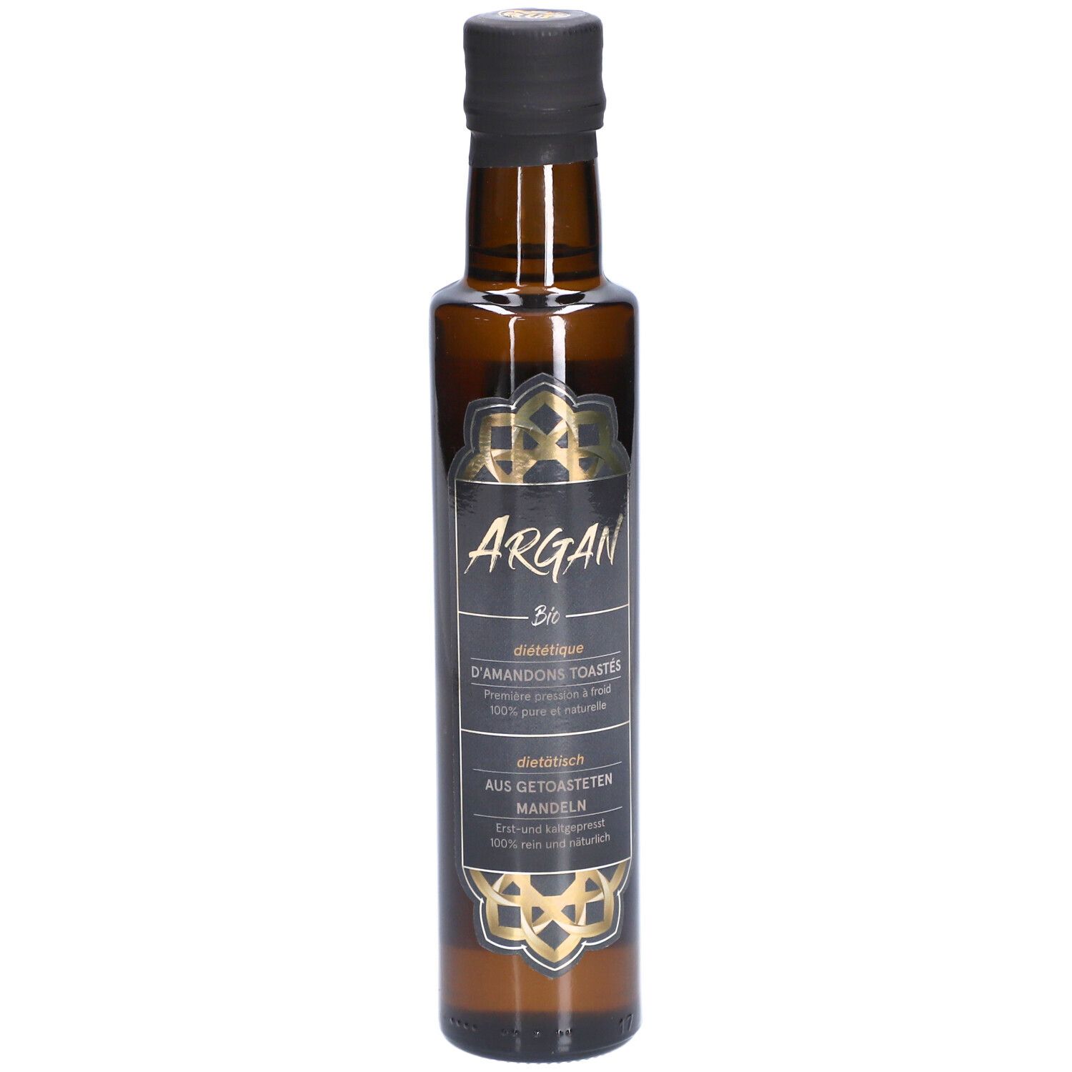 Braune Glasflasche mit schwarzem Deckel. Etikett mit Text: Argan, Bio, geröstete Mandeln.