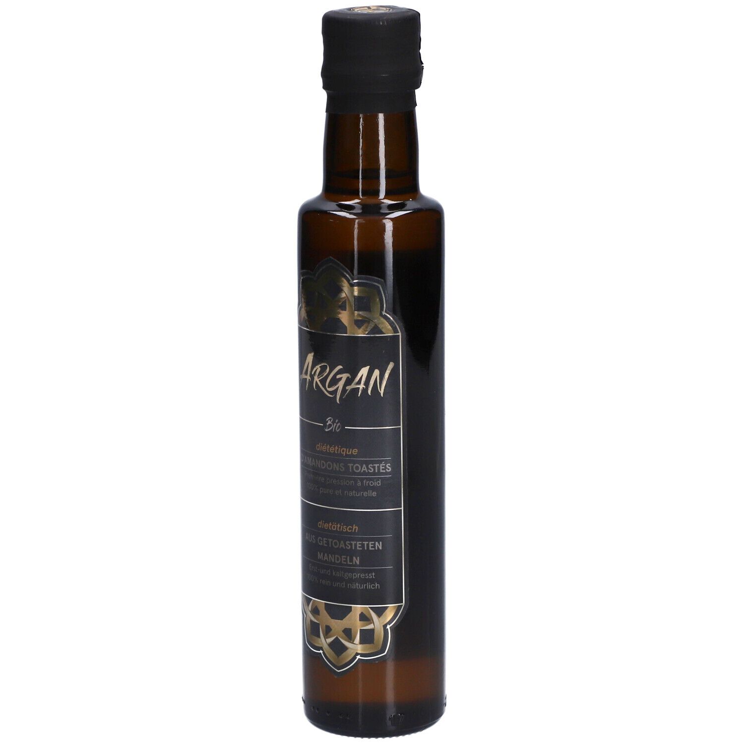 Braune Glasflasche mit schwarzem Deckel. Etikett mit Text: Argan, Bio, geröstete Mandeln.