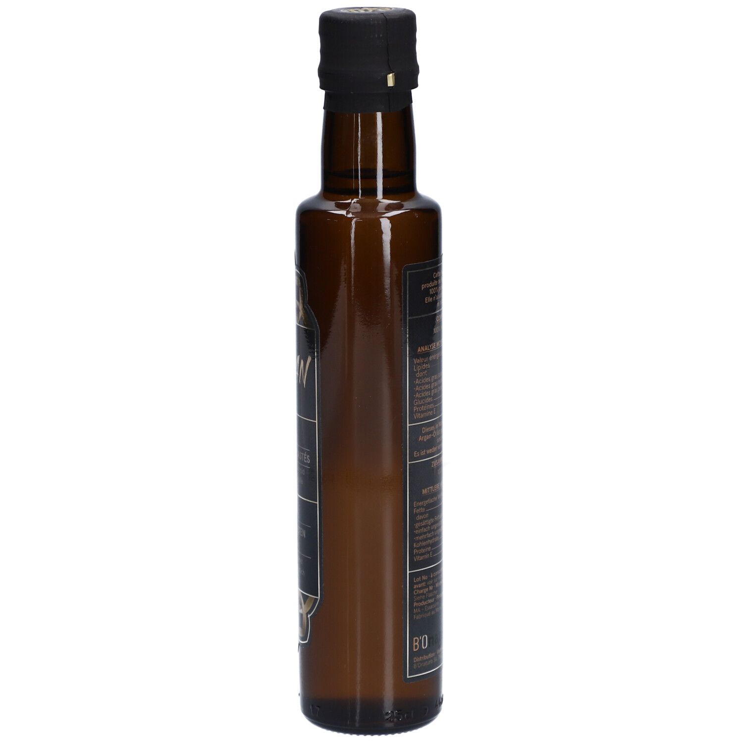 Braune Glasflasche mit schwarzem Deckel. Etikett mit Text. Seitliche Ansicht.