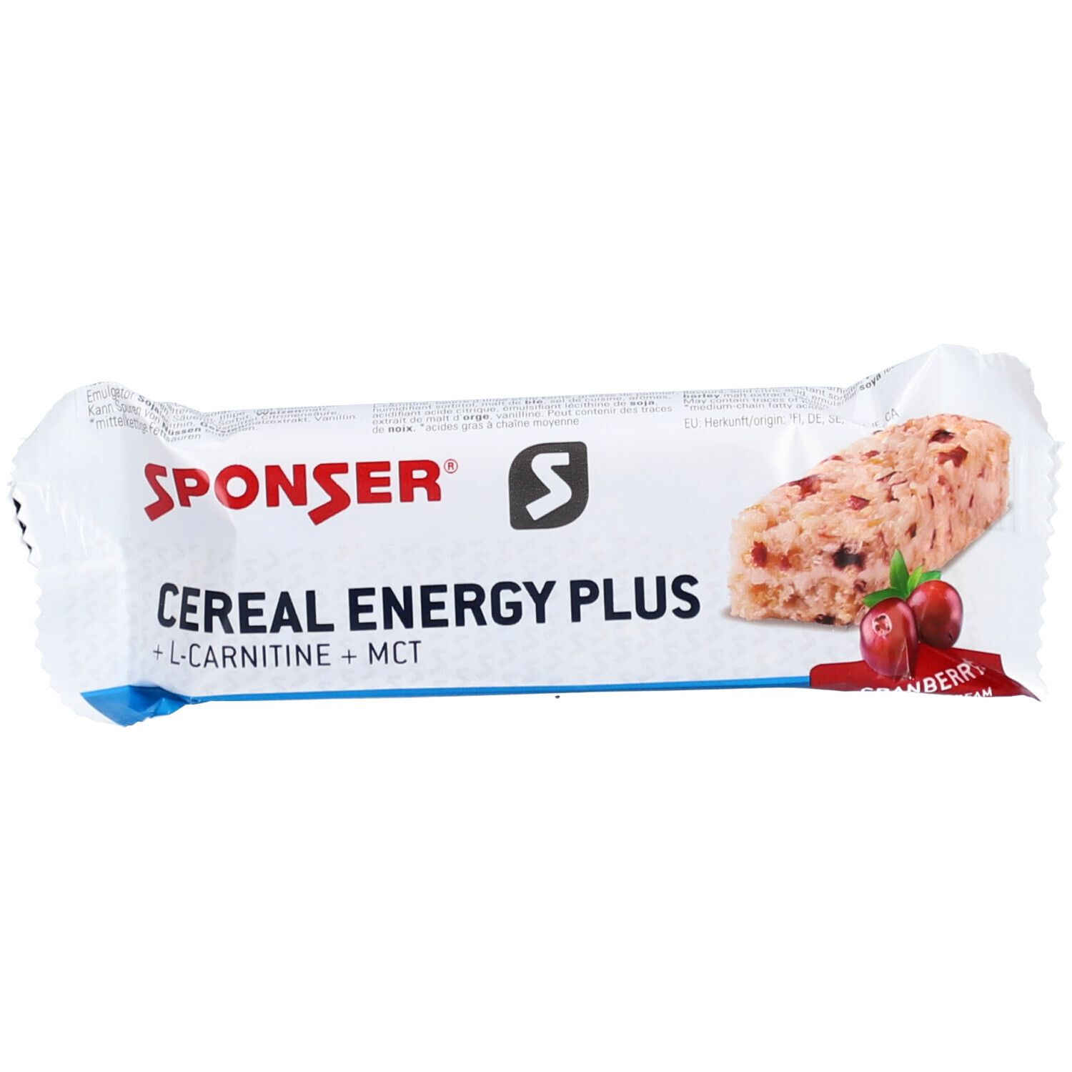 Energieriegel mit Cranberry. Verpackung mit Produktname und Logo. Ansicht von vorne, teilweise geöffnet.