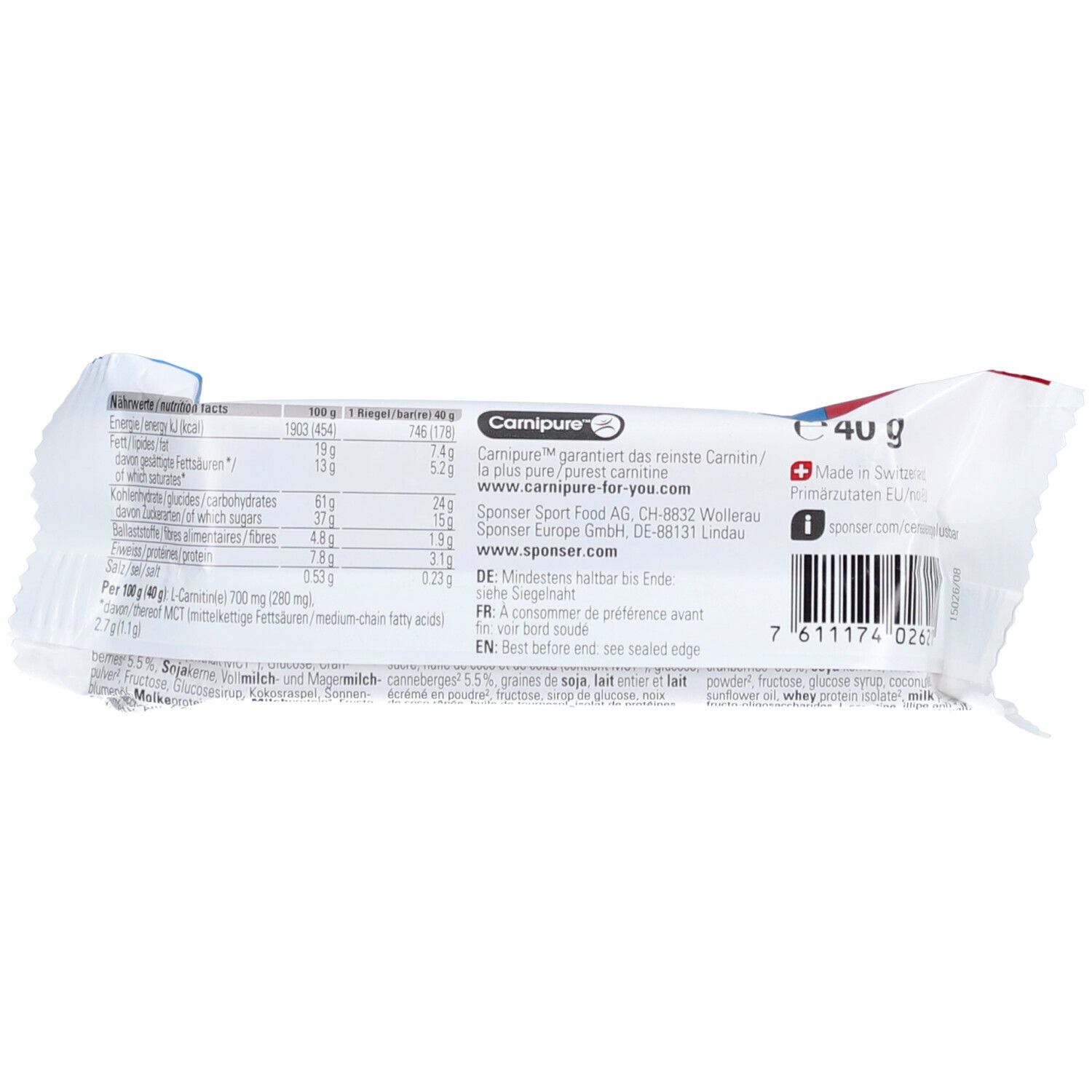 Rückseite der Energieriegel-Verpackung. Enthält Nährwertangaben, Herstellerinformationen und Barcode.