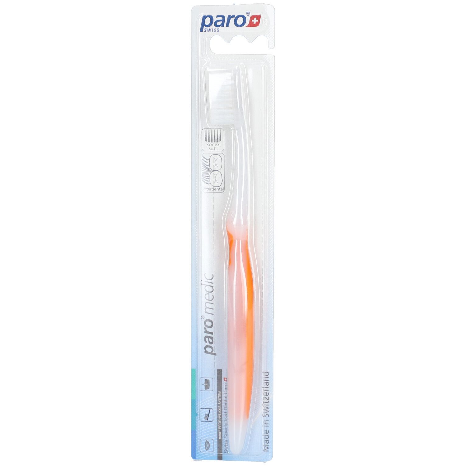 Zahnbürste mit orangefarbenem Griff in transparenter Verpackung. Marke: paro medic.