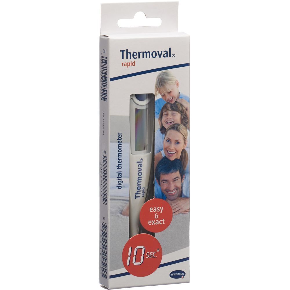 Thermometer in Verpackung. Digitales Thermometer, weiß, mit Display. Aufdruck: Thermoval rapid, easy & exact, 10 sec.