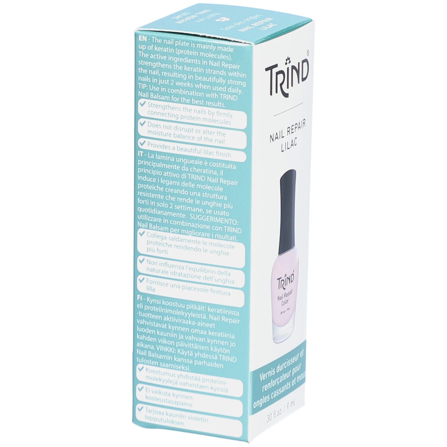 Kartonverpackung mit TRIND Nagellack. Text: Nail Repair Lilac. Auf der Seite: Produktinformationen in mehreren Sprachen.